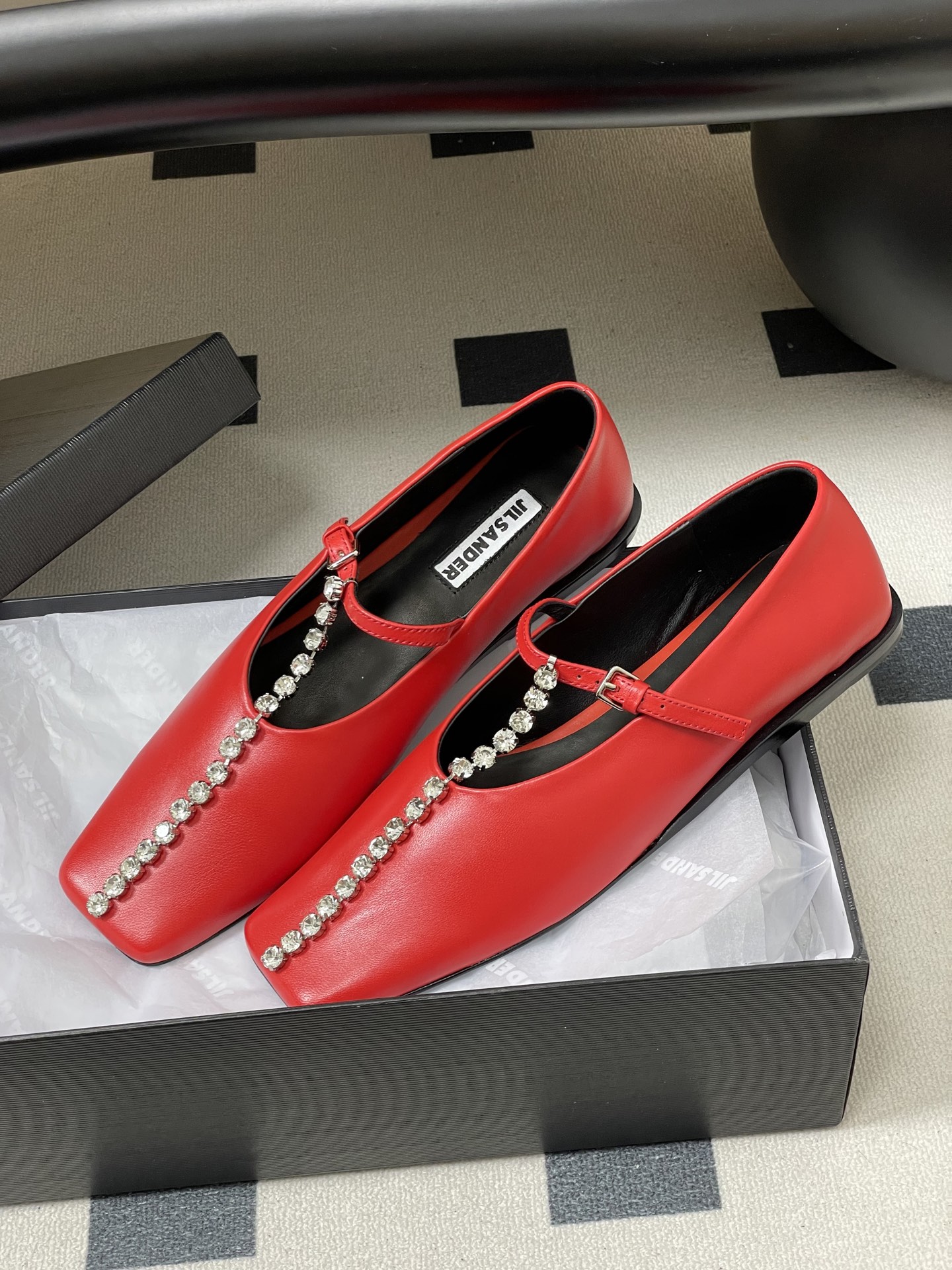 Unknown JIL SANDER 吉尔桑达 26Fw春夏新款 方头水晶钻链条T字玛丽珍鞋极简风一字扣带平底芭蕾舞单鞋