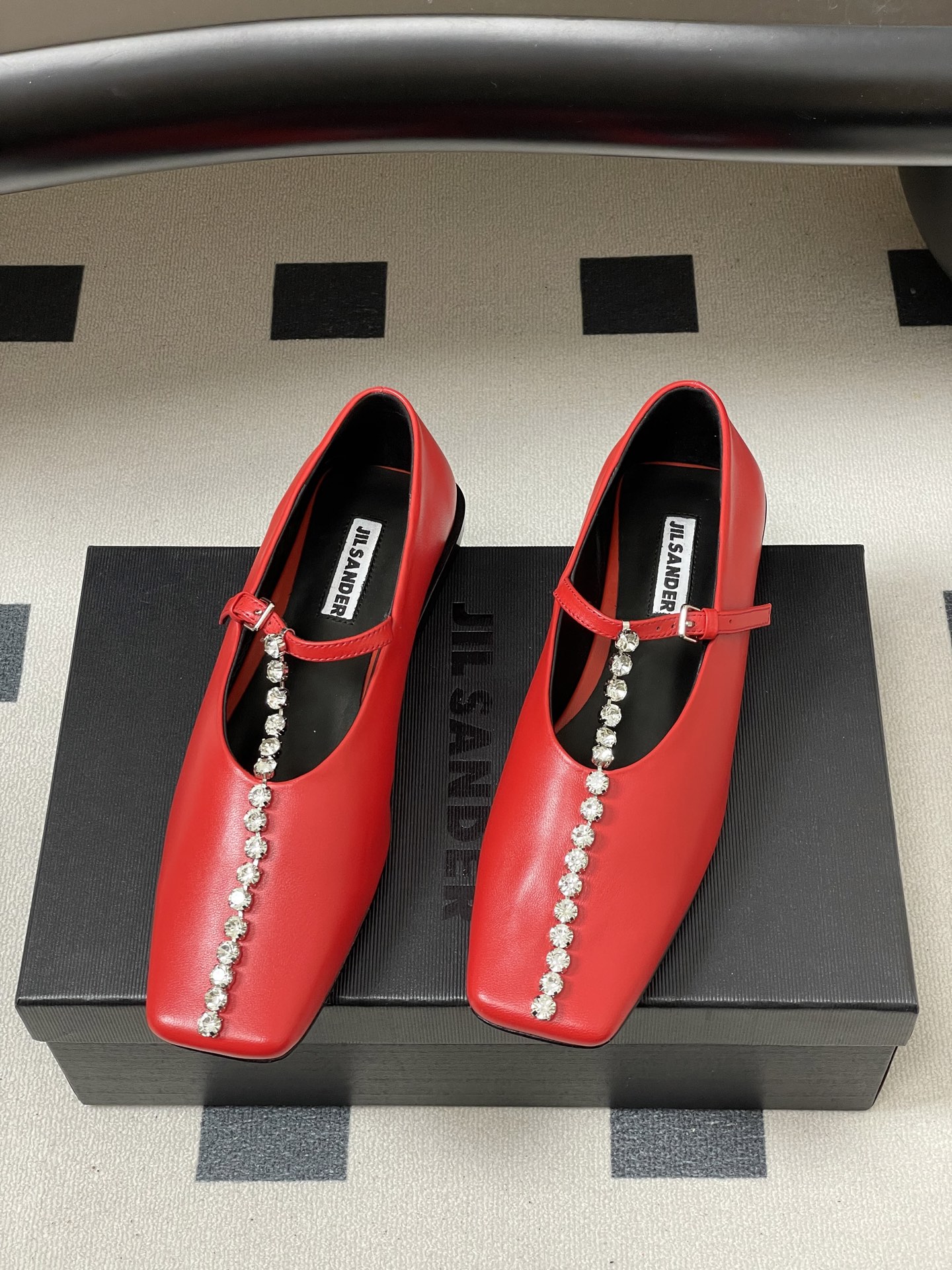 Unknown JIL SANDER 吉尔桑达 26Fw春夏新款 方头水晶钻链条T字玛丽珍鞋极简风一字扣带平底芭蕾舞单鞋