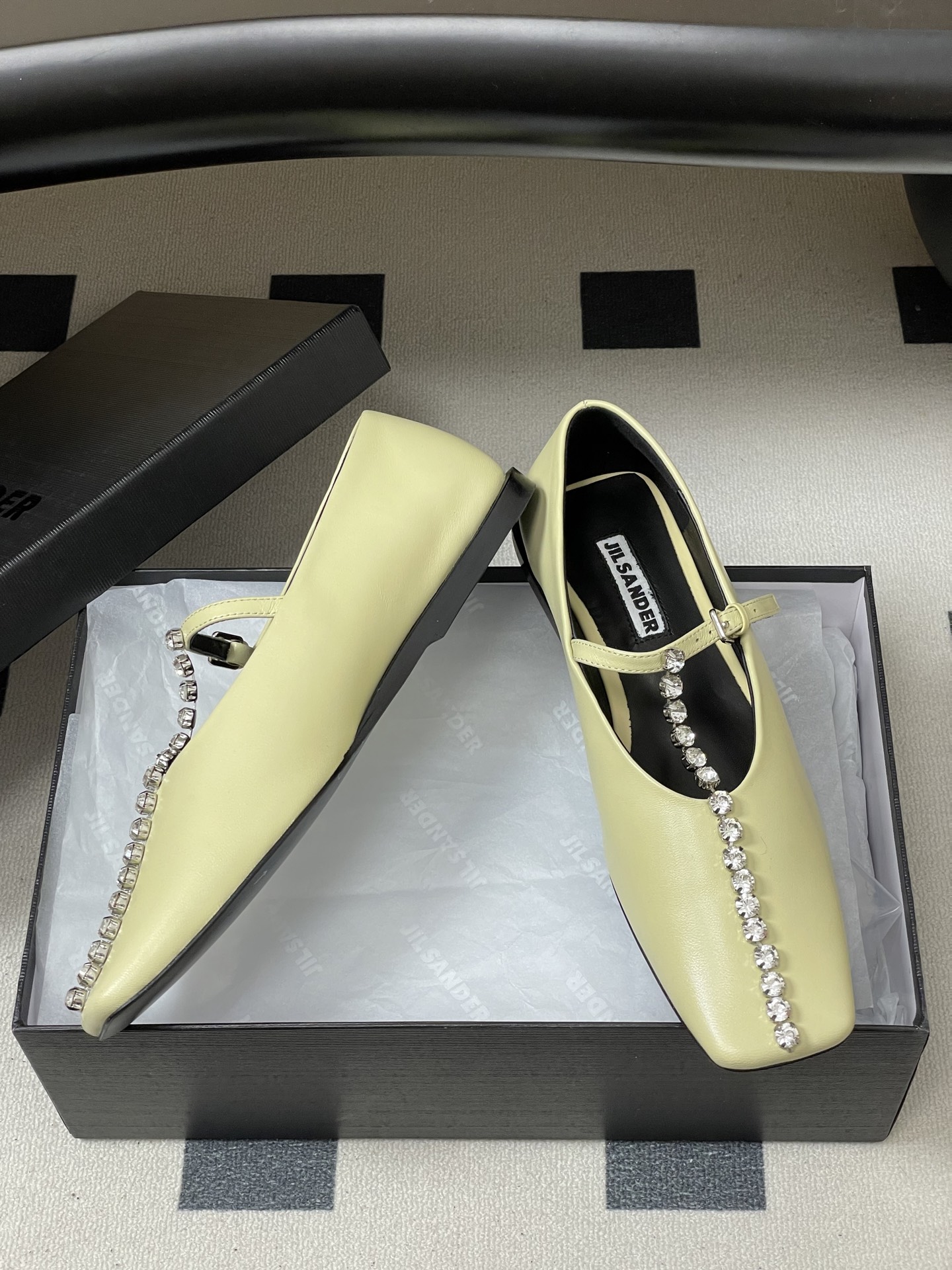 Unknown JIL SANDER 吉尔桑达 26Fw春夏新款 方头水晶钻链条T字玛丽珍鞋极简风一字扣带平底芭蕾舞单鞋