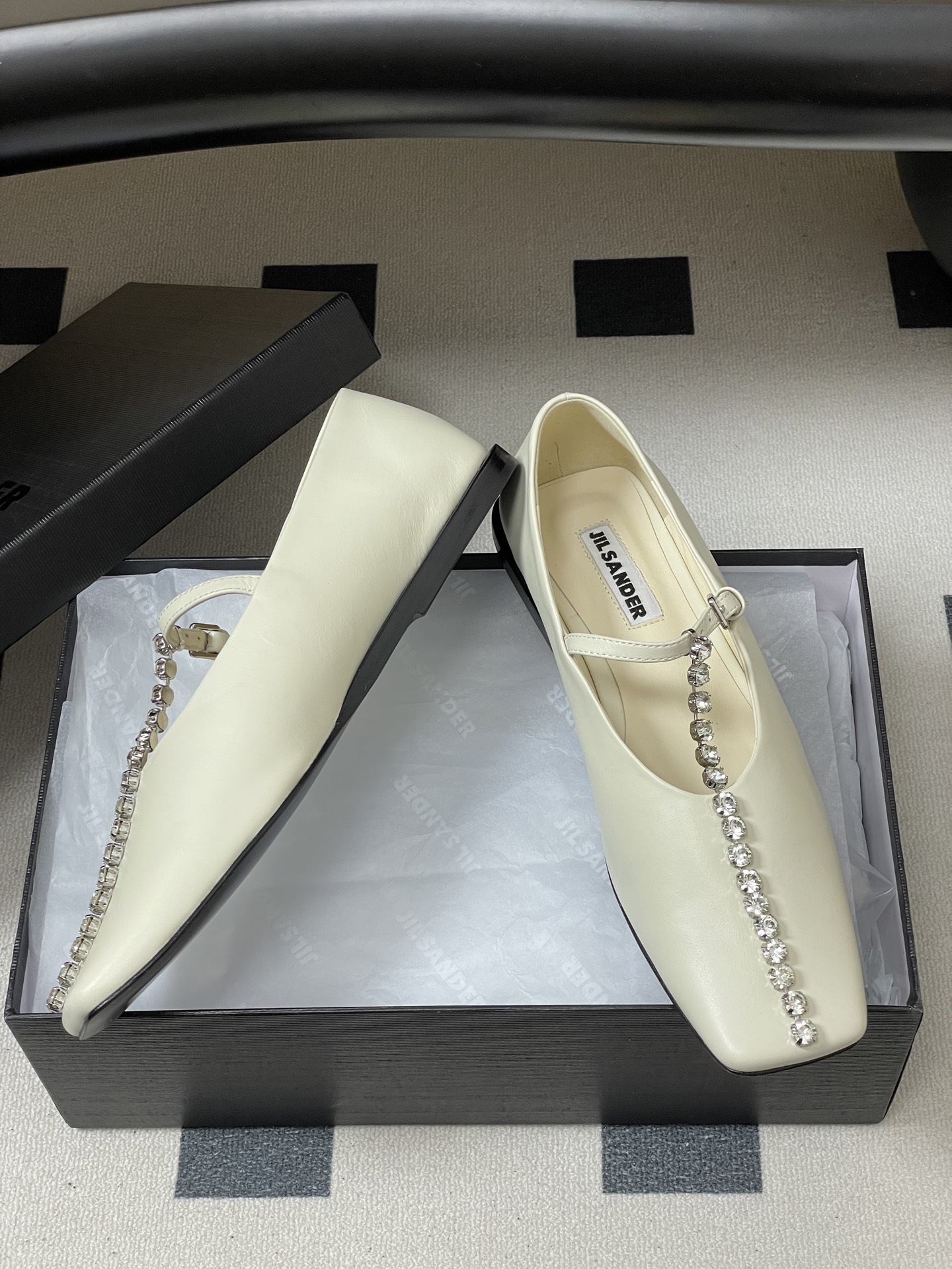 Unknown JIL SANDER 吉尔桑达 26Fw春夏新款 方头水晶钻链条T字玛丽珍鞋极简风一字扣带平底芭蕾舞单鞋