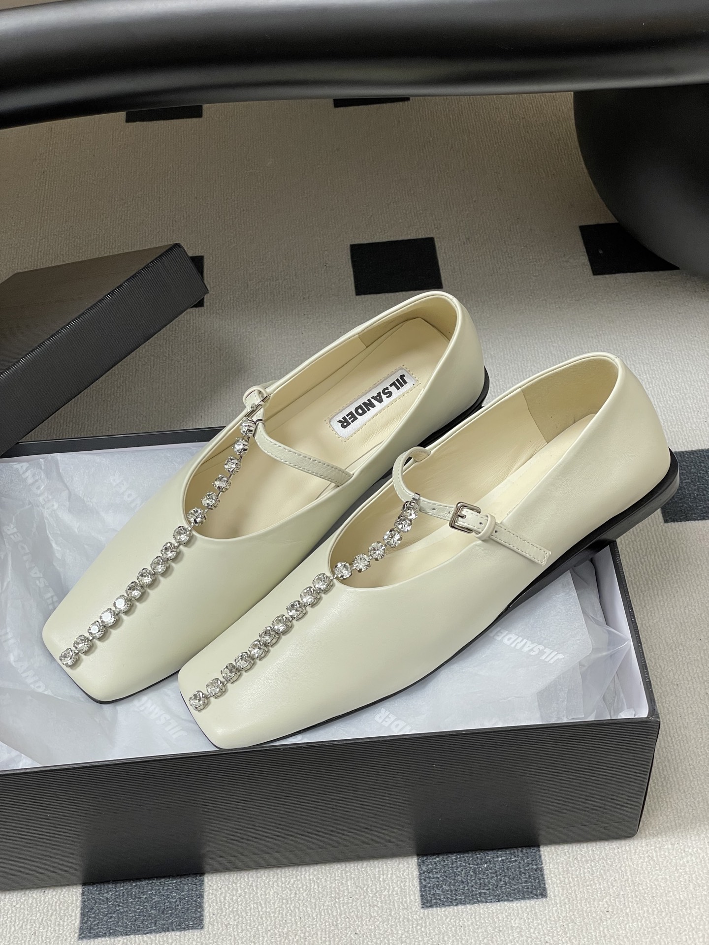 Unknown JIL SANDER 吉尔桑达 26Fw春夏新款 方头水晶钻链条T字玛丽珍鞋极简风一字扣带平底芭蕾舞单鞋