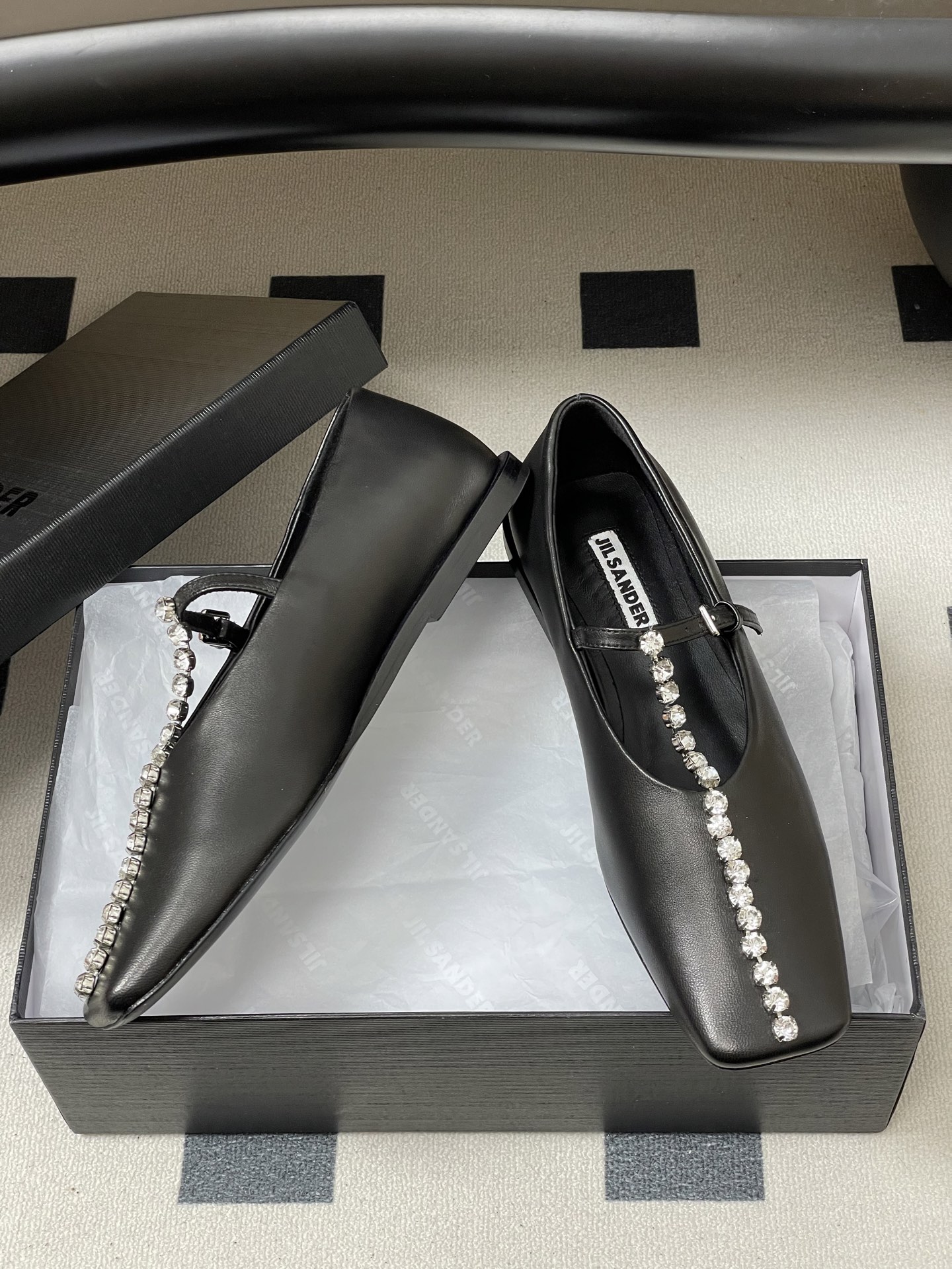 Unknown JIL SANDER 吉尔桑达 26Fw春夏新款 方头水晶钻链条T字玛丽珍鞋极简风一字扣带平底芭蕾舞单鞋