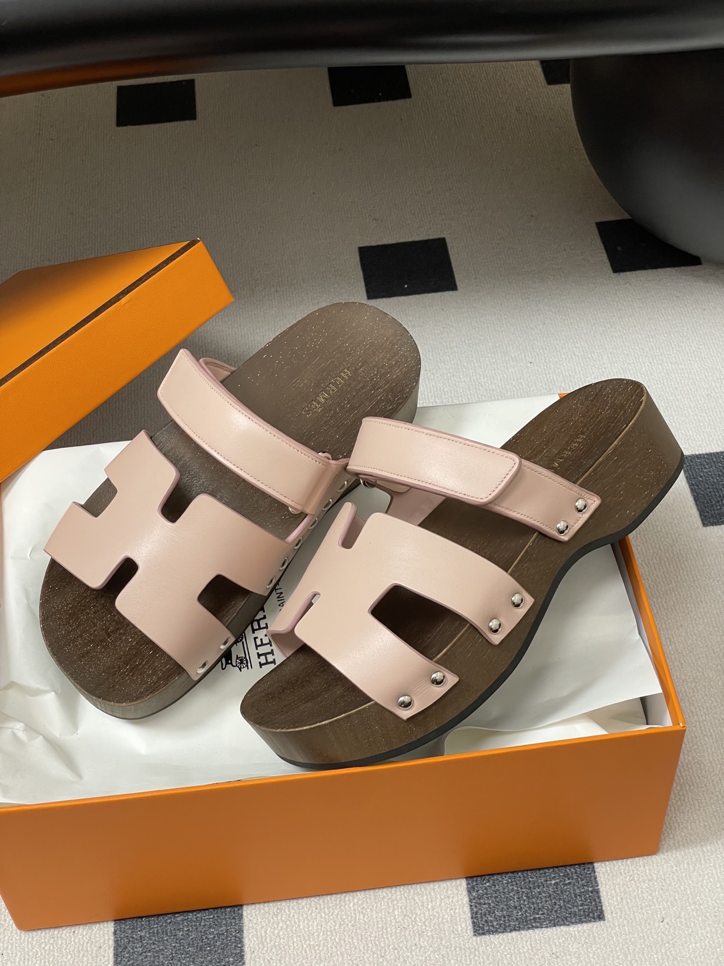 -Hermes 爱马仕🐎 H家 CheryP 实木底二舅拖鞋H 鞋面魔术贴厚底二舅凉拖鞋休闲懒人鞋各色真