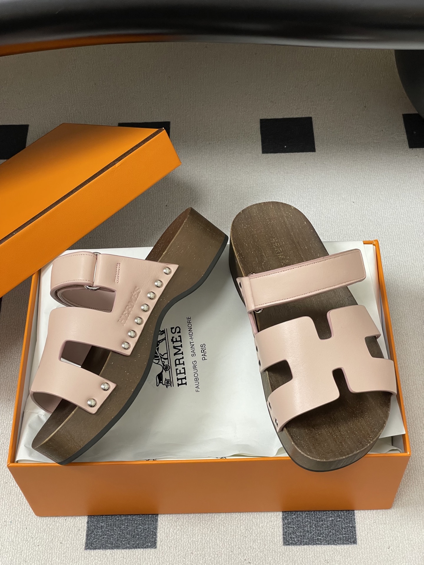-Hermes 爱马仕🐎 H家 CheryP 实木底二舅拖鞋H 鞋面魔术贴厚底二舅凉拖鞋休闲懒人鞋各色真
