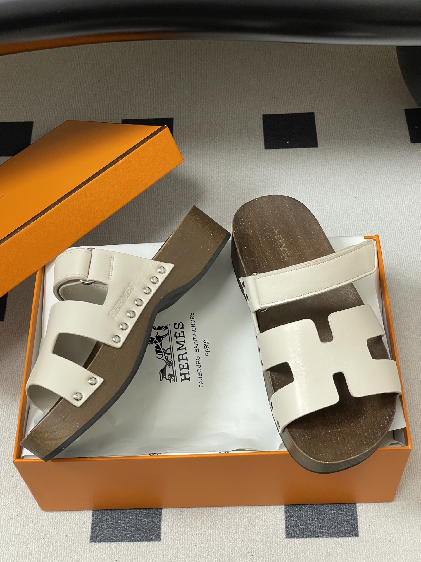 -Hermes 爱马仕🐎 H家 CheryP 实木底二舅拖鞋H 鞋面魔术贴厚底二舅凉拖鞋休闲懒人鞋各色真