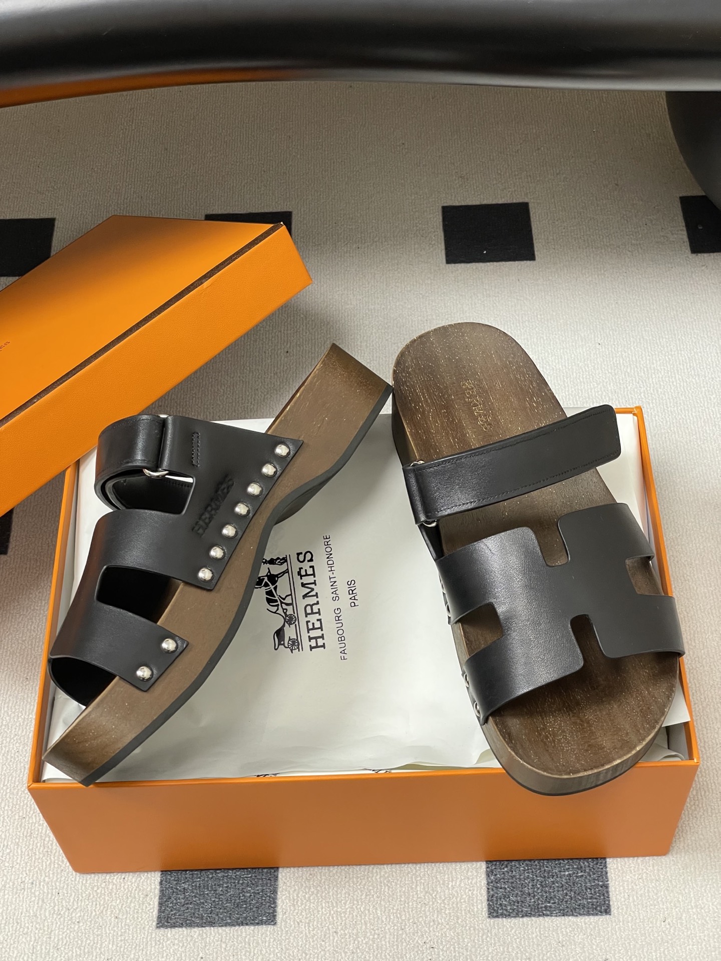 -Hermes 爱马仕🐎 H家 CheryP 实木底二舅拖鞋H 鞋面魔术贴厚底二舅凉拖鞋休闲懒人鞋各色真