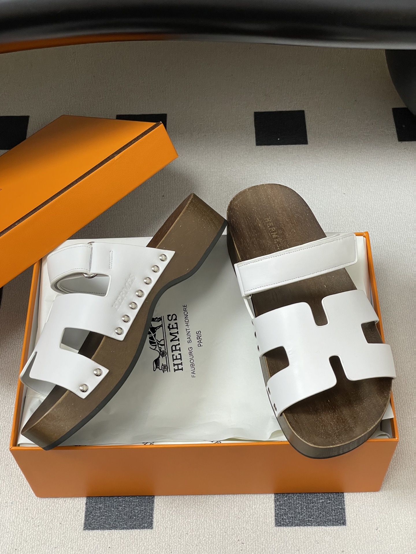 -Hermes 爱马仕🐎 H家 CheryP 实木底二舅拖鞋H 鞋面魔术贴厚底二舅凉拖鞋休闲懒人鞋各色真