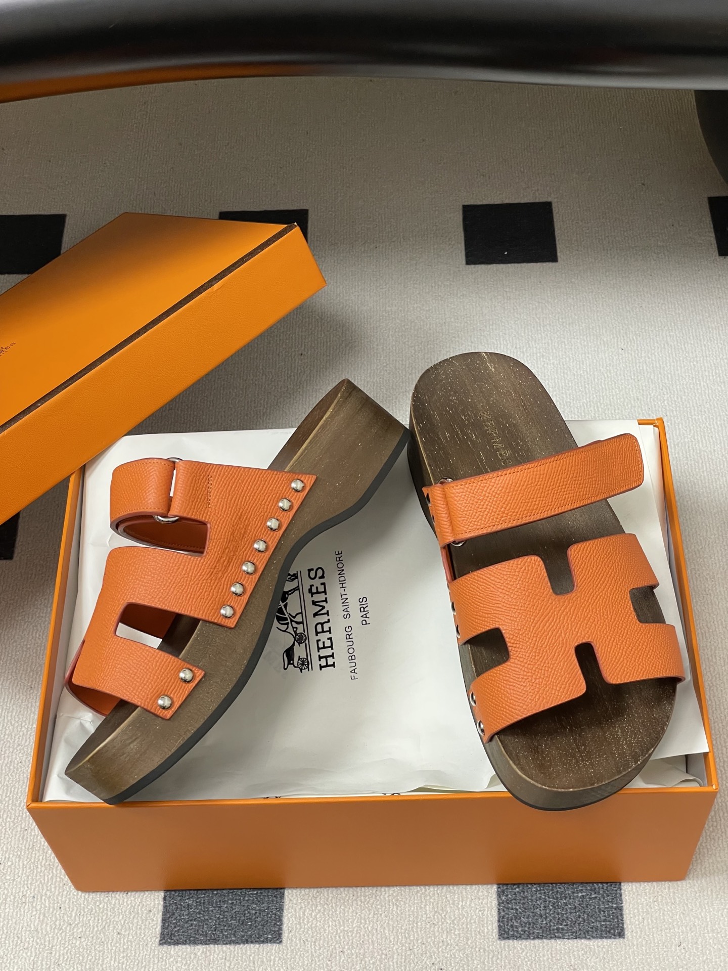 -Hermes 爱马仕🐎 H家 CheryP 实木底二舅拖鞋H 鞋面魔术贴厚底二舅凉拖鞋休闲懒人鞋各色真