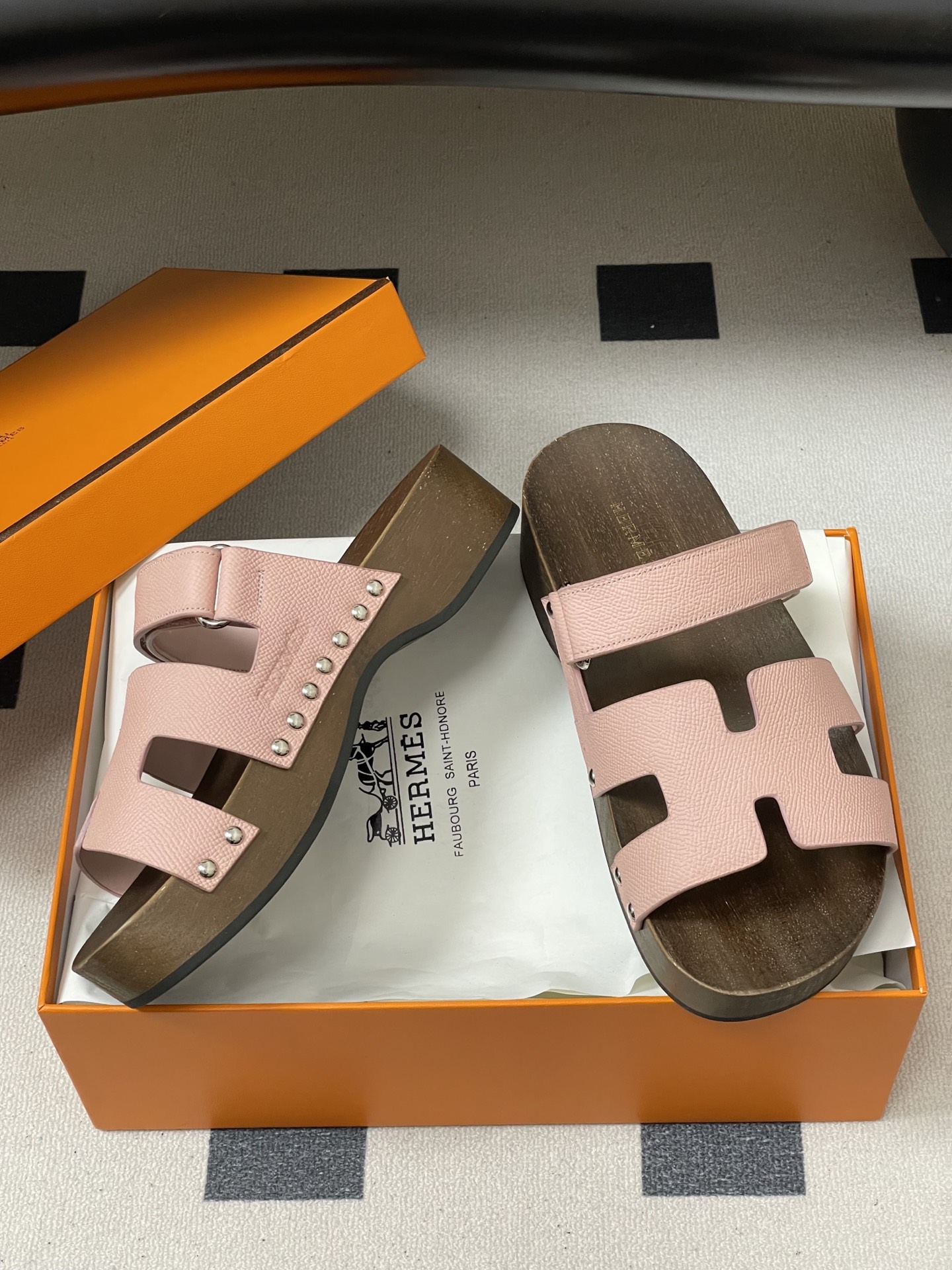 -Hermes 爱马仕🐎 H家 CheryP 实木底二舅拖鞋H 鞋面魔术贴厚底二舅凉拖鞋休闲懒人鞋各色真