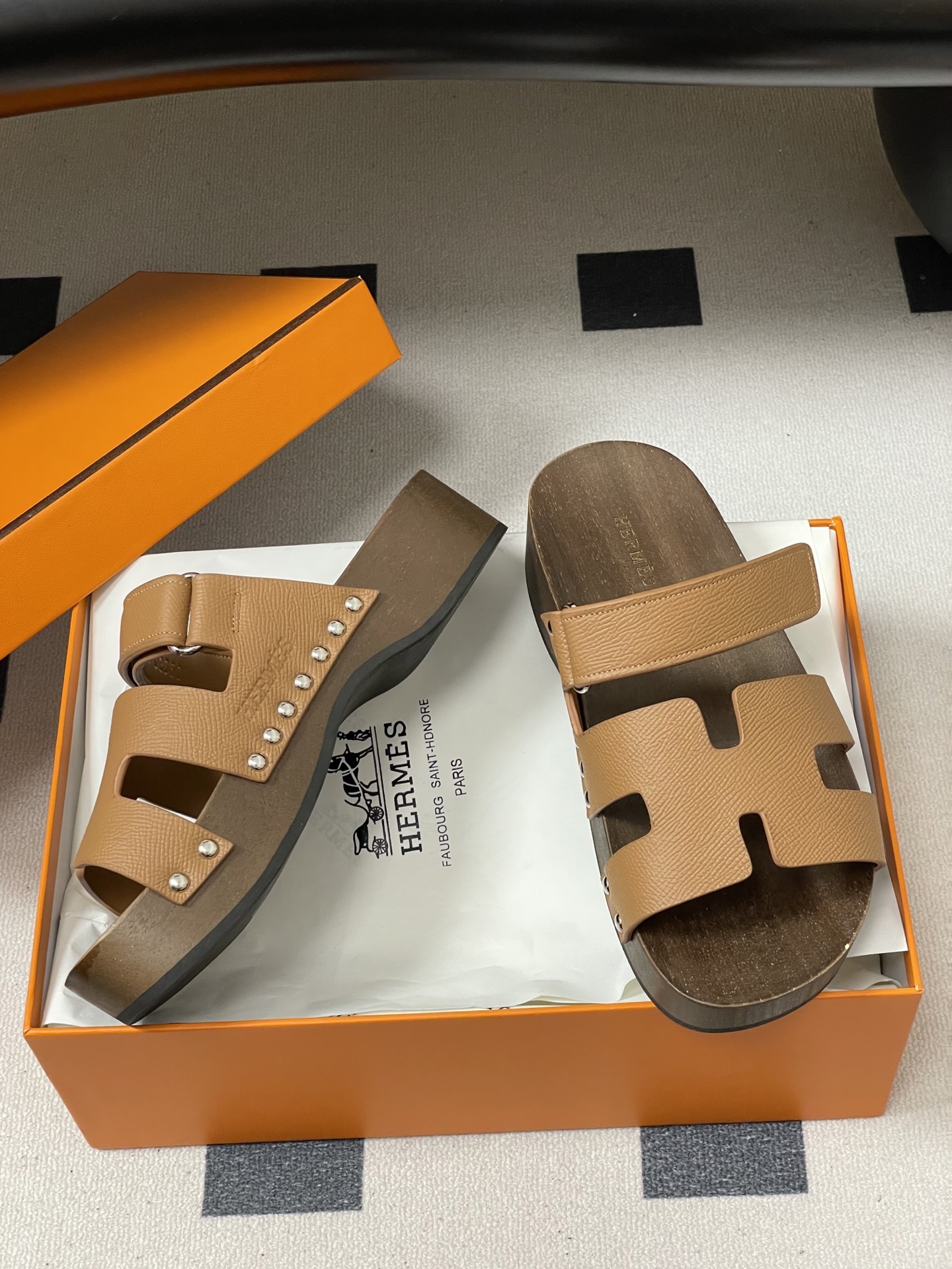 -Hermes 爱马仕🐎 H家 CheryP 实木底二舅拖鞋H 鞋面魔术贴厚底二舅凉拖鞋休闲懒人鞋各色真