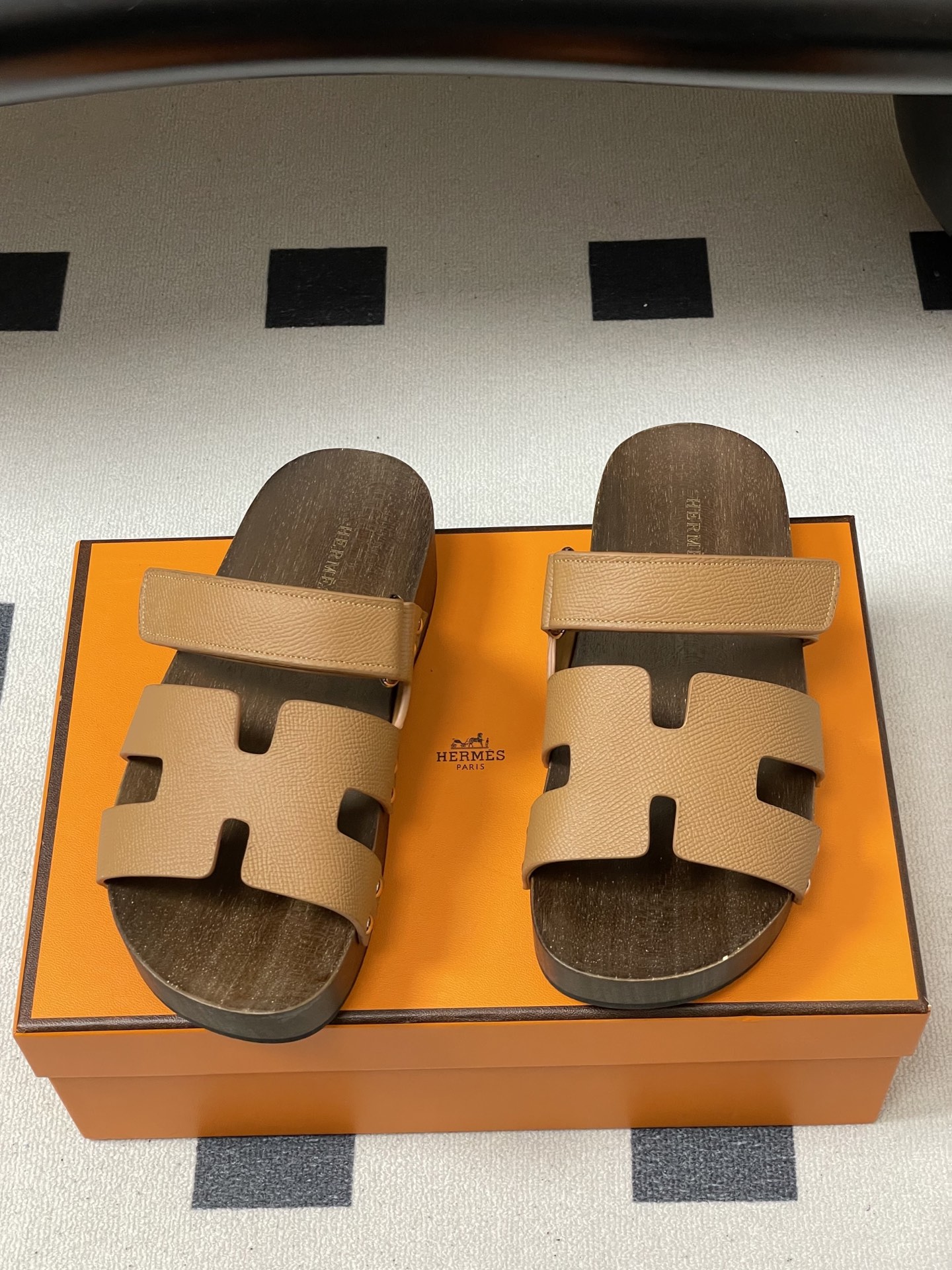 -Hermes 爱马仕🐎 H家 CheryP 实木底二舅拖鞋H 鞋面魔术贴厚底二舅凉拖鞋休闲懒人鞋各色真