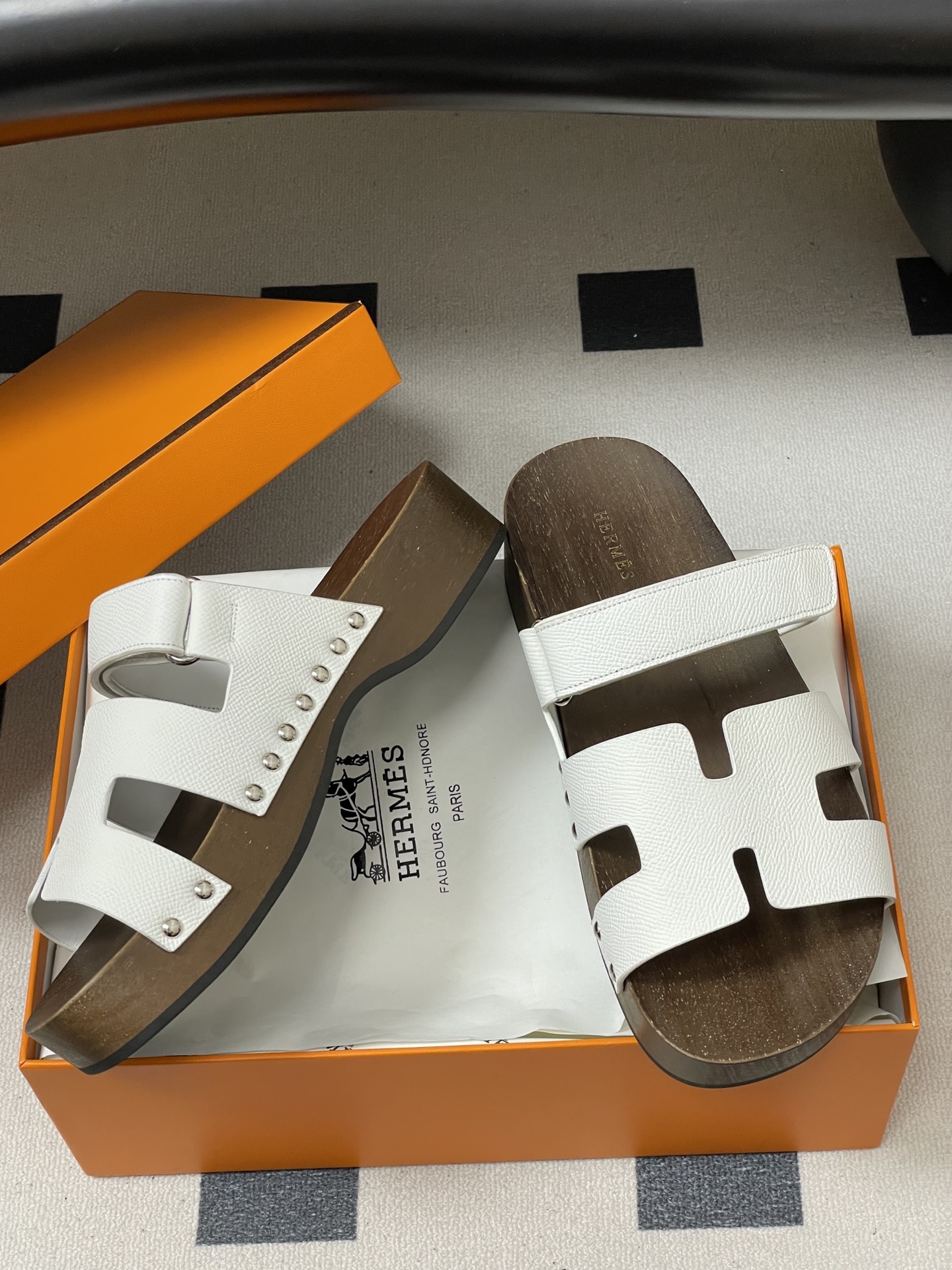 -Hermes 爱马仕🐎 H家 CheryP 实木底二舅拖鞋H 鞋面魔术贴厚底二舅凉拖鞋休闲懒人鞋各色真