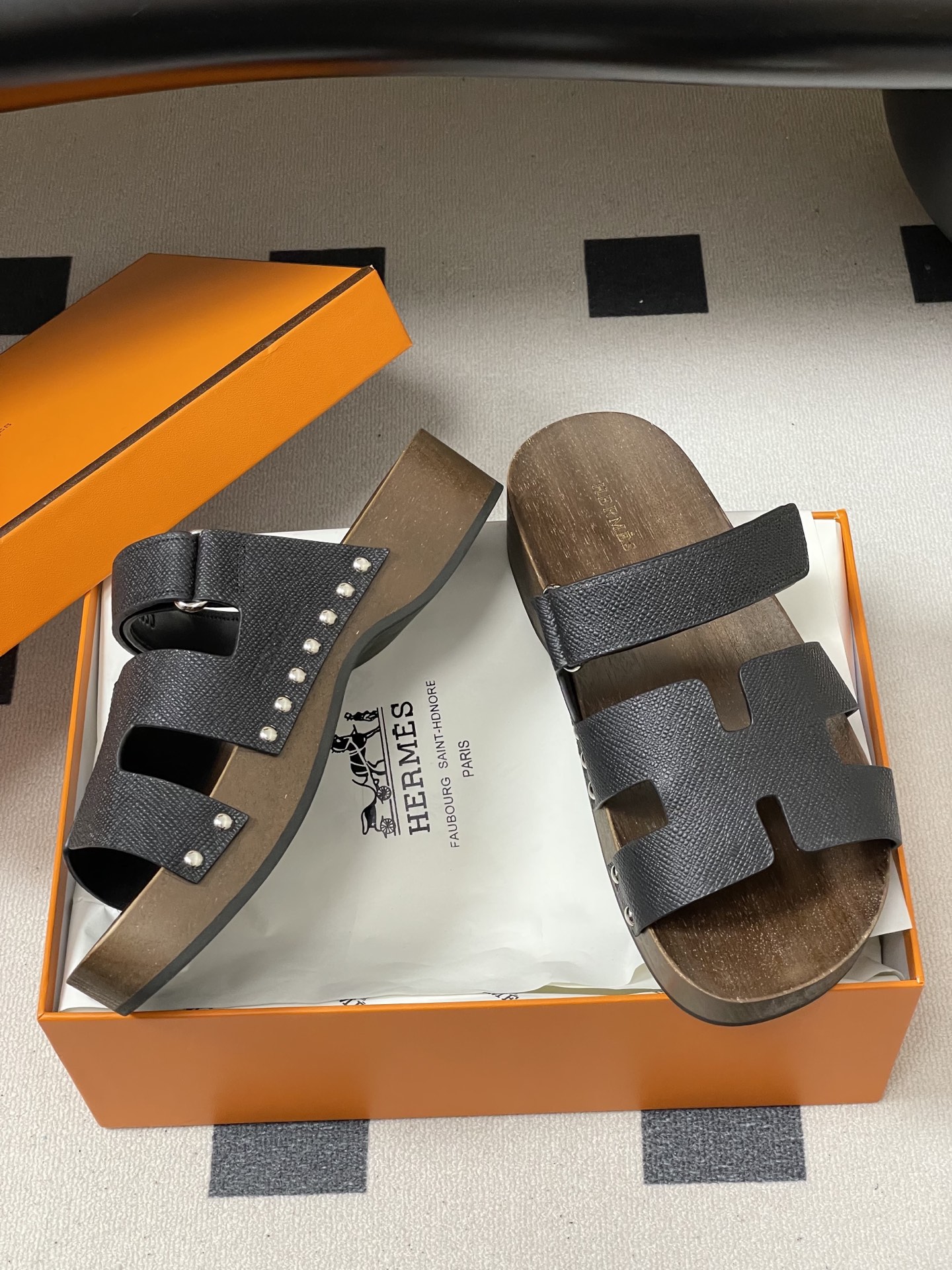 -Hermes 爱马仕🐎 H家 CheryP 实木底二舅拖鞋H 鞋面魔术贴厚底二舅凉拖鞋休闲懒人鞋各色真
