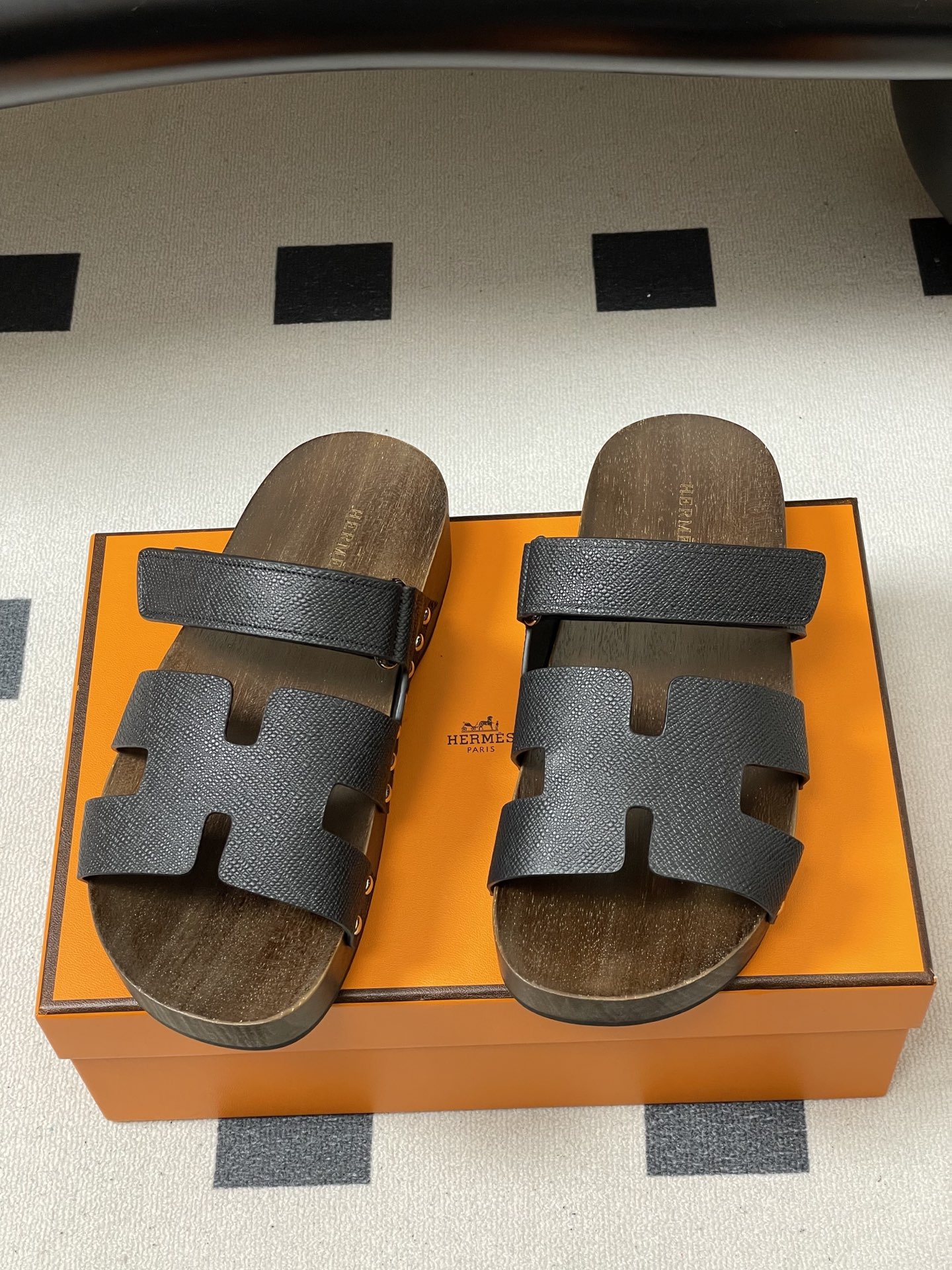 -Hermes 爱马仕🐎 H家 CheryP 实木底二舅拖鞋H 鞋面魔术贴厚底二舅凉拖鞋休闲懒人鞋各色真