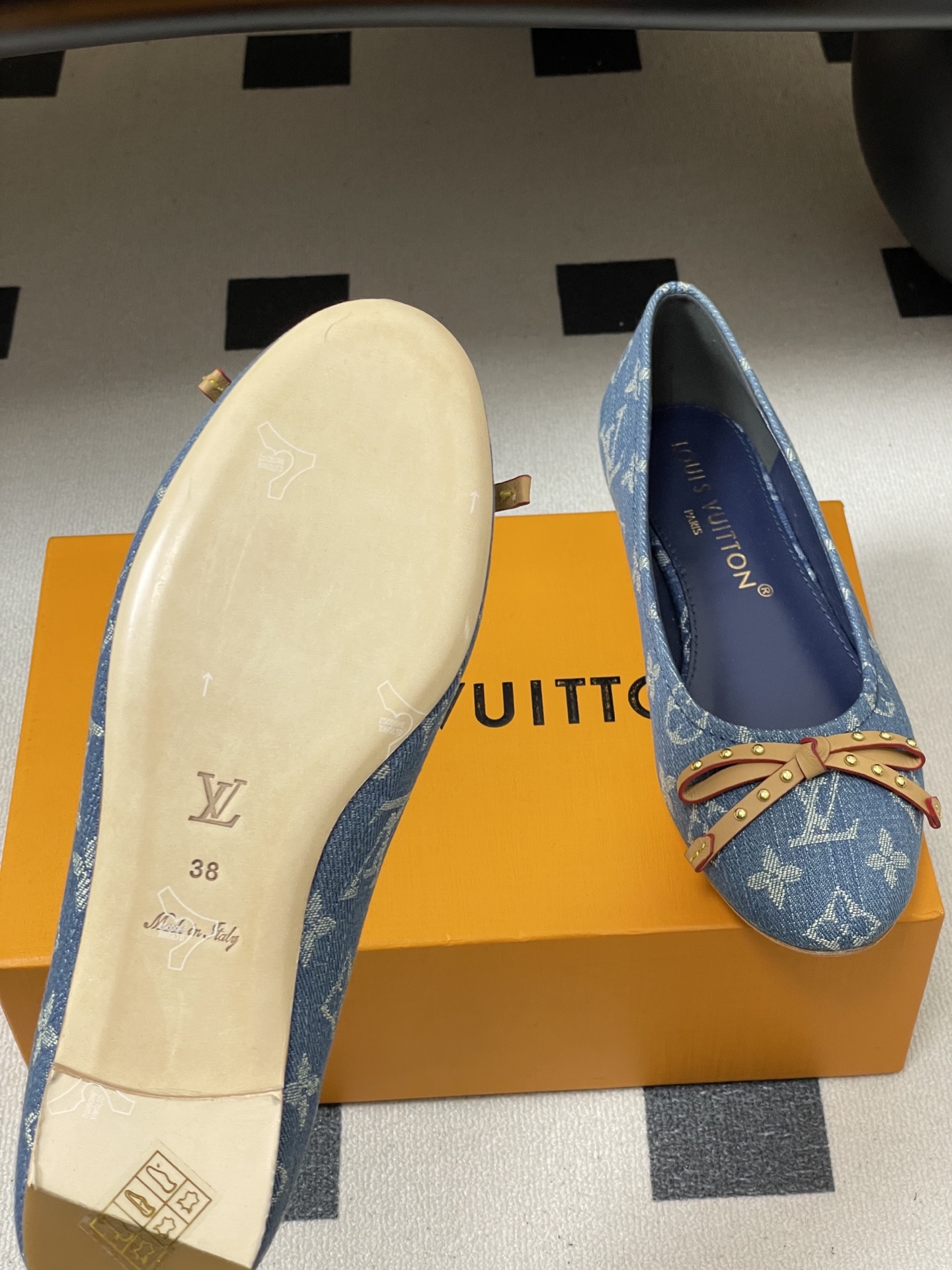 -26Ss春季新款Louis Vuitton LV 老花芭蕾舞鞋蝴蝶结拼色平底单鞋丹宁牛仔布船鞋本款Da