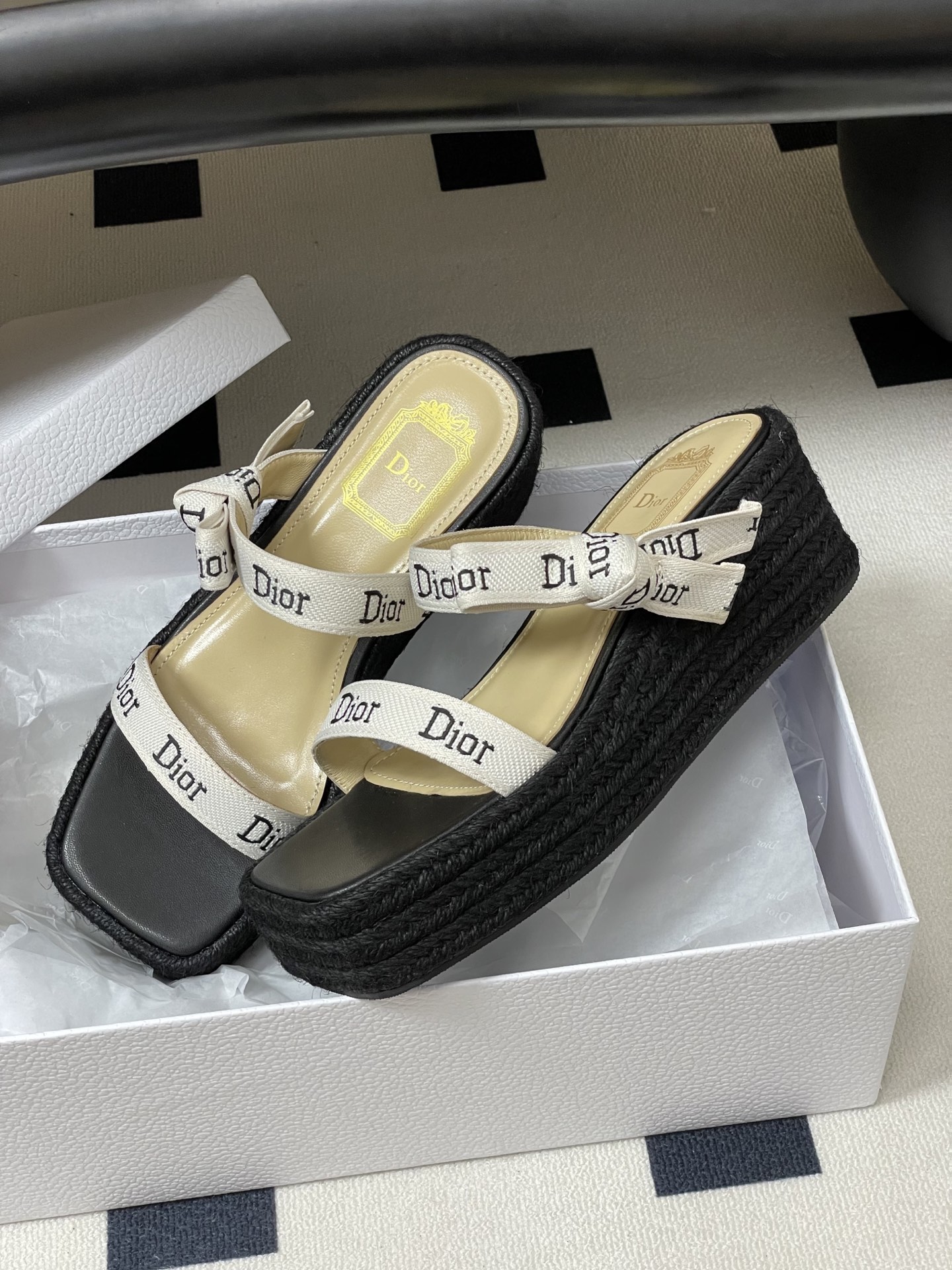 26ss春夏新款Dior 迪奥 J'Adior饰带坡跟凉拖鞋经典CD字母织带蝴蝶结方头厚底拖鞋草编麻绳底