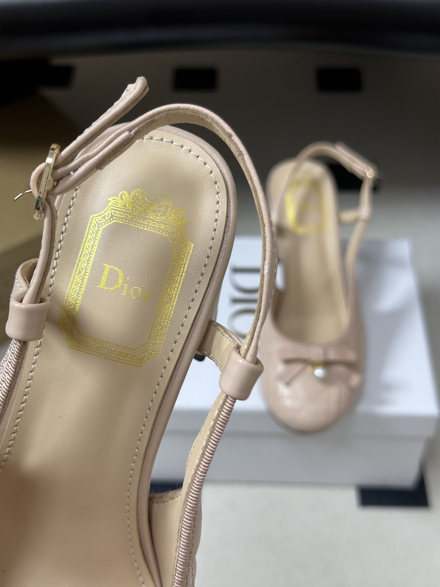 26ss早春新款Dior迪奥D-Ballet露跟高跟鞋CD字母珍珠扣蝴蝶结凉鞋字母印花粗面粗跟后空凉鞋 这款Dior B