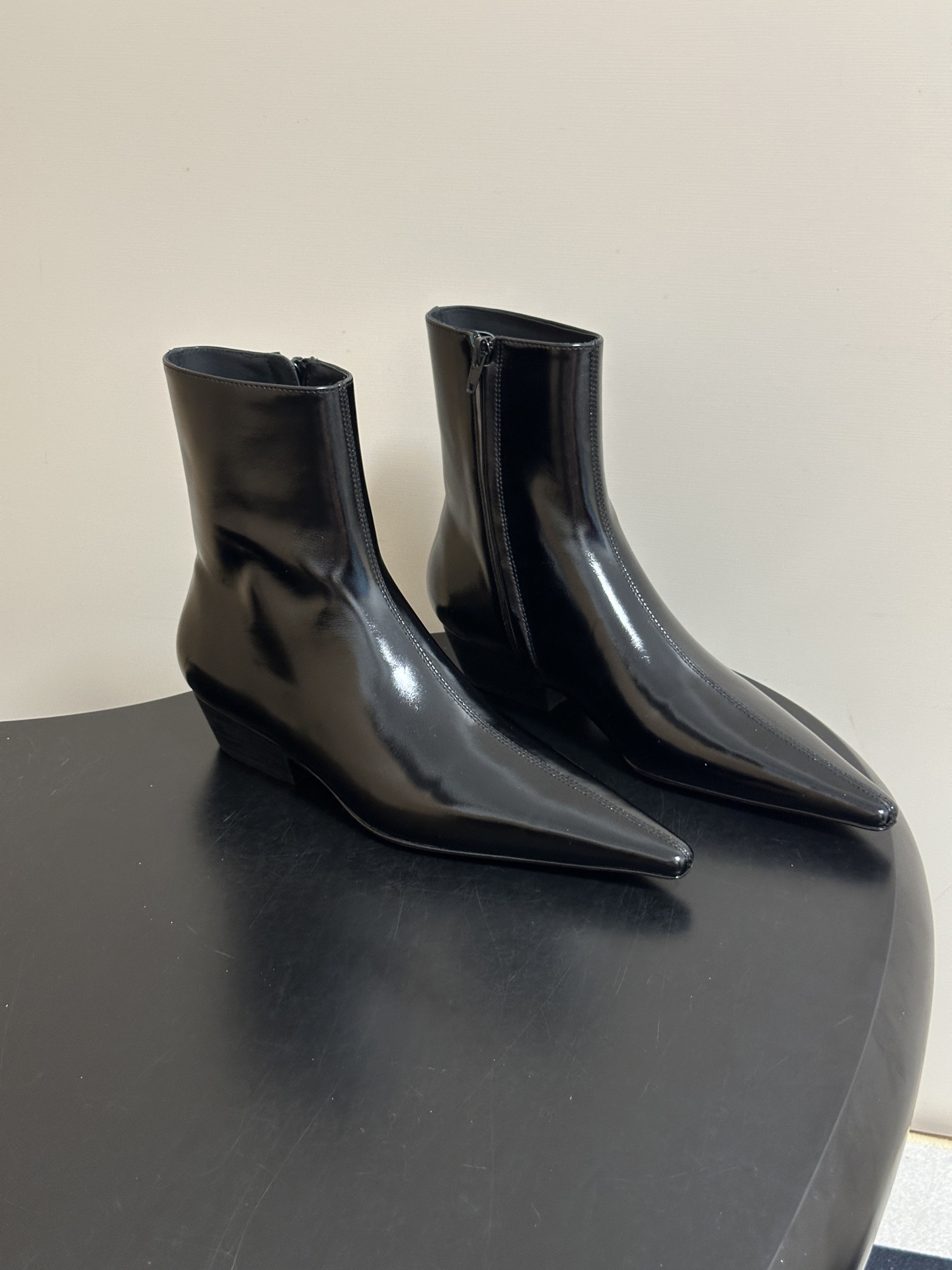 Black Glossy Pointed Toe Ankle Boots
