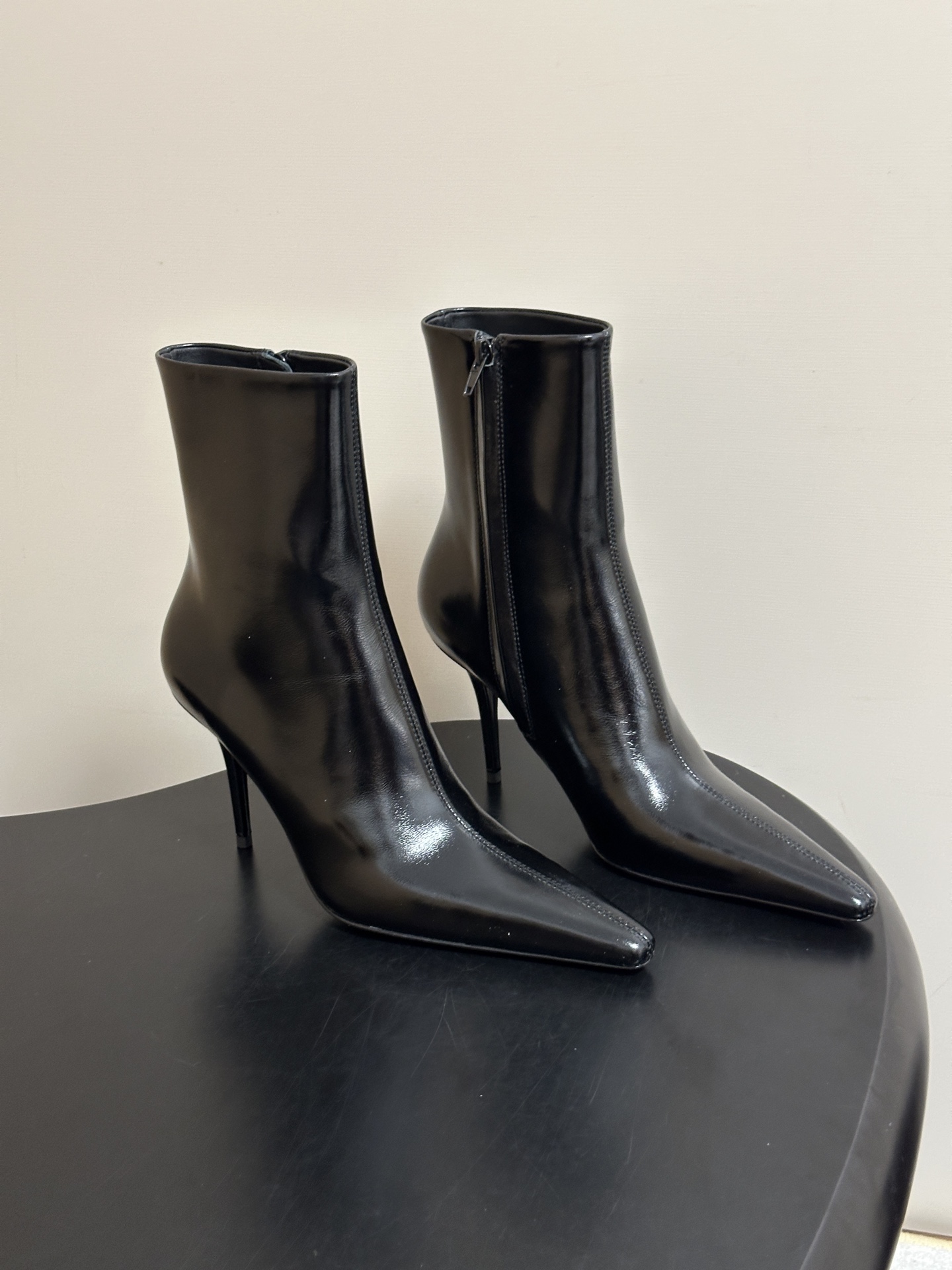 Black Glossy Pointed Toe Ankle Boots