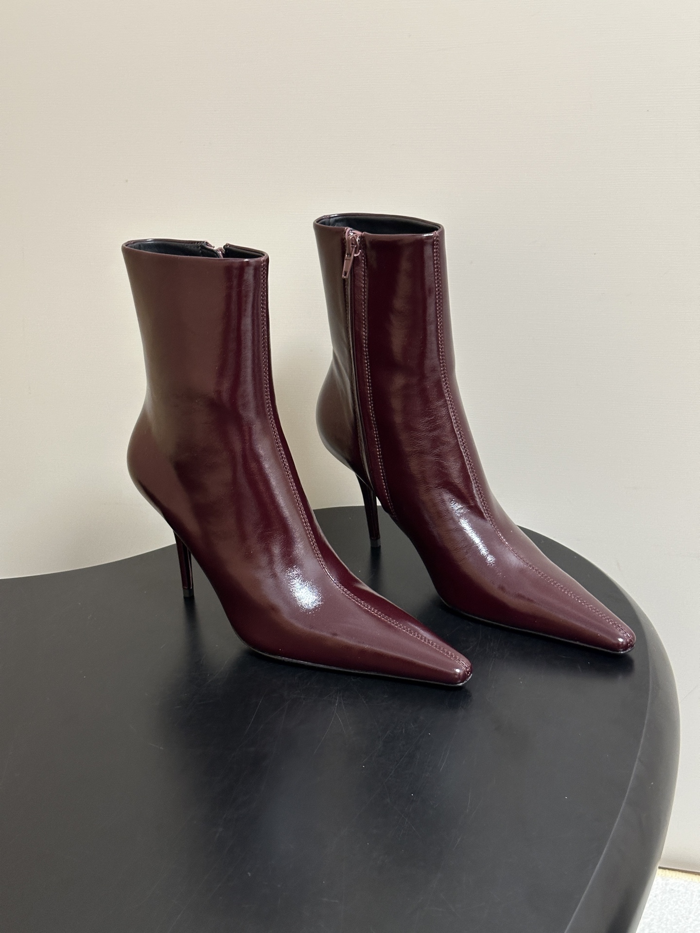 Burgundy Glossy Pointed Toe Ankle Boots