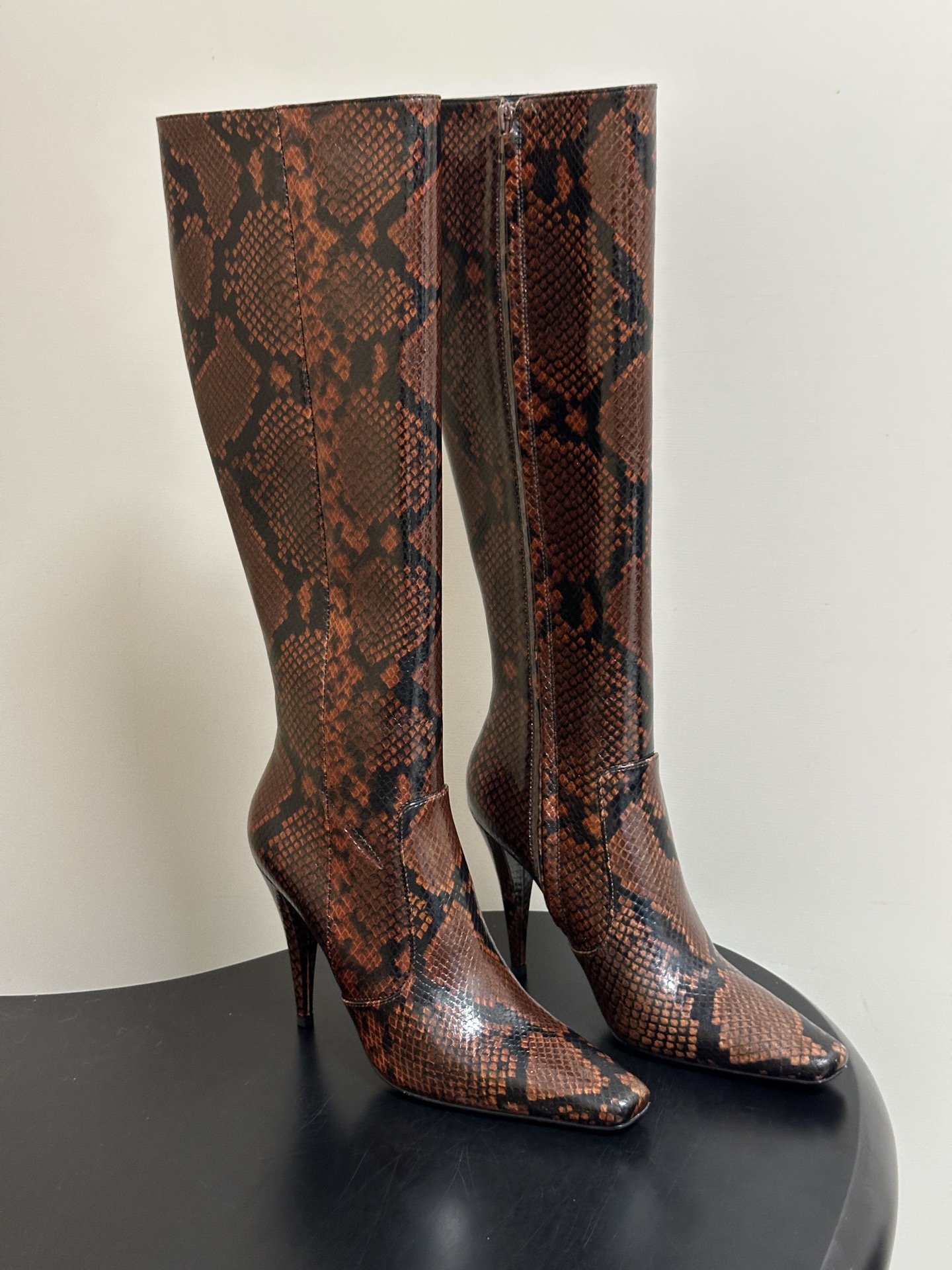 Snake Print Stiletto Knee High Boots