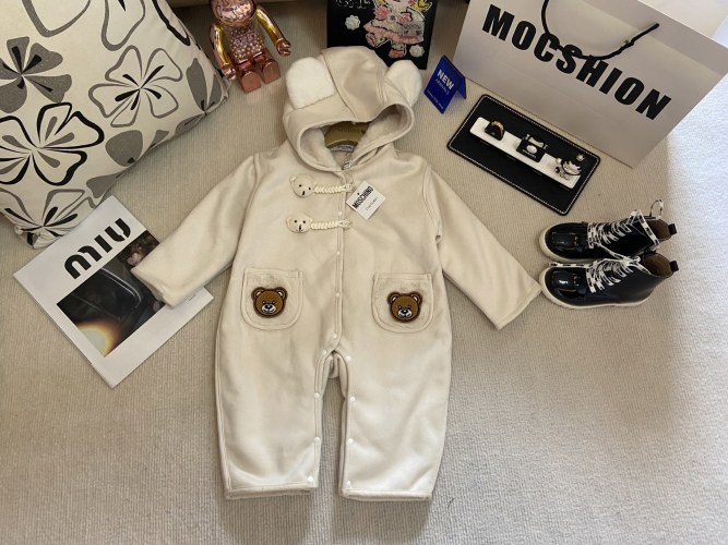 Moschino Baby Cream Teddy Bear Fleece Romper with Hood and Toggle Closures 1 Moschino Baby Cream Teddy Bear Fleece Romper with Hood and Toggle Closures