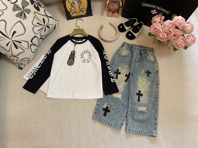 Chrome Hearts Kids' T-Shirt and Jeans Set - Classic Cross Design 1 Chrome Hearts Kids' T-Shirt and Jeans Set - Classic Cross Design