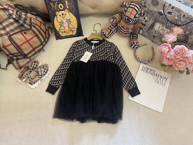 Dior Girls' Black Knit & Tulle Dress with Logo Print, Sizes 110-160cm 1 Dior Girls' Black Knit & Tulle Dress with Logo Print, Sizes 110-160cm