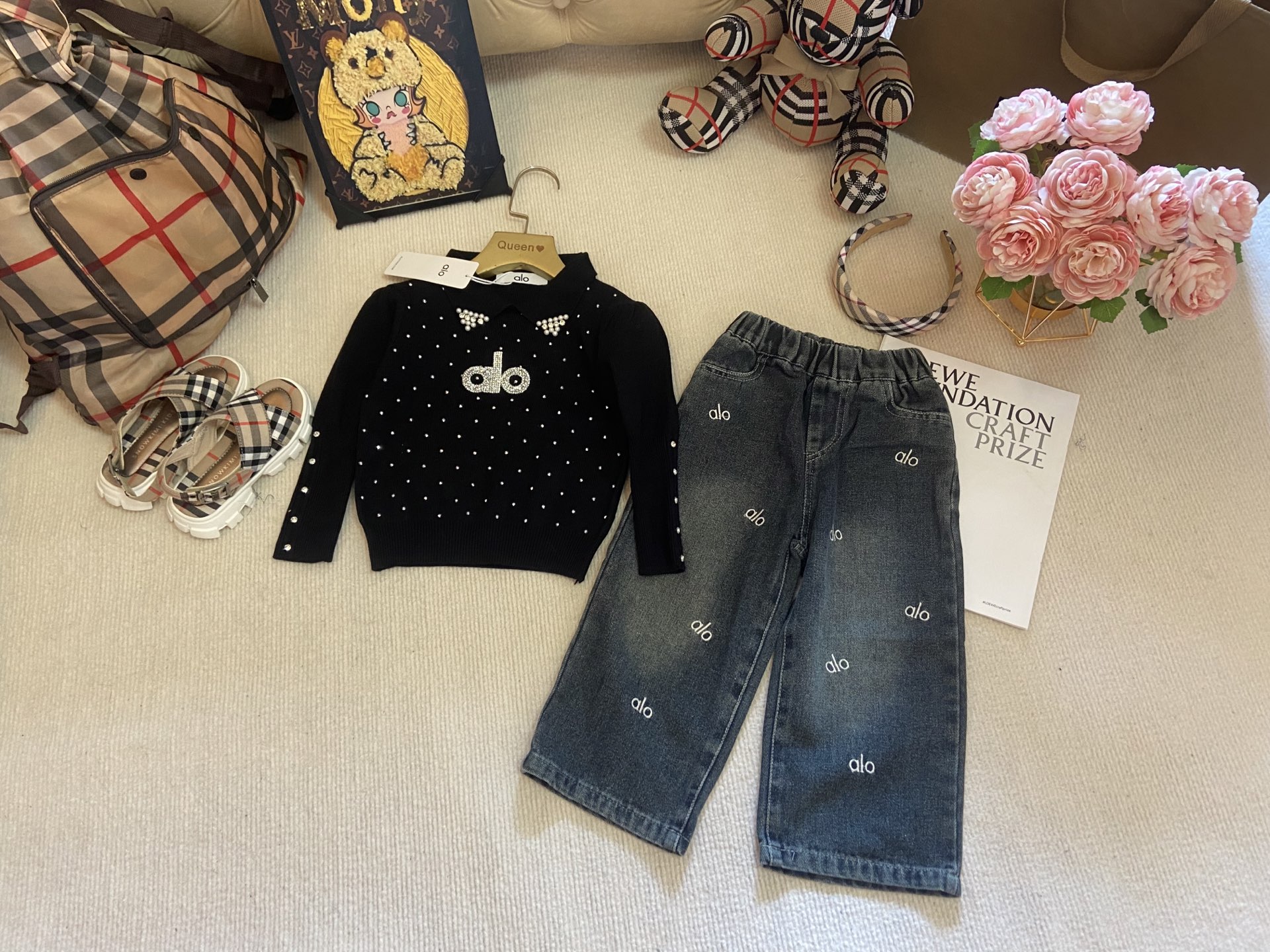 Girl's Alo Inspired Knit Sweater and Jeans Set, Soft and Cozy Outfit