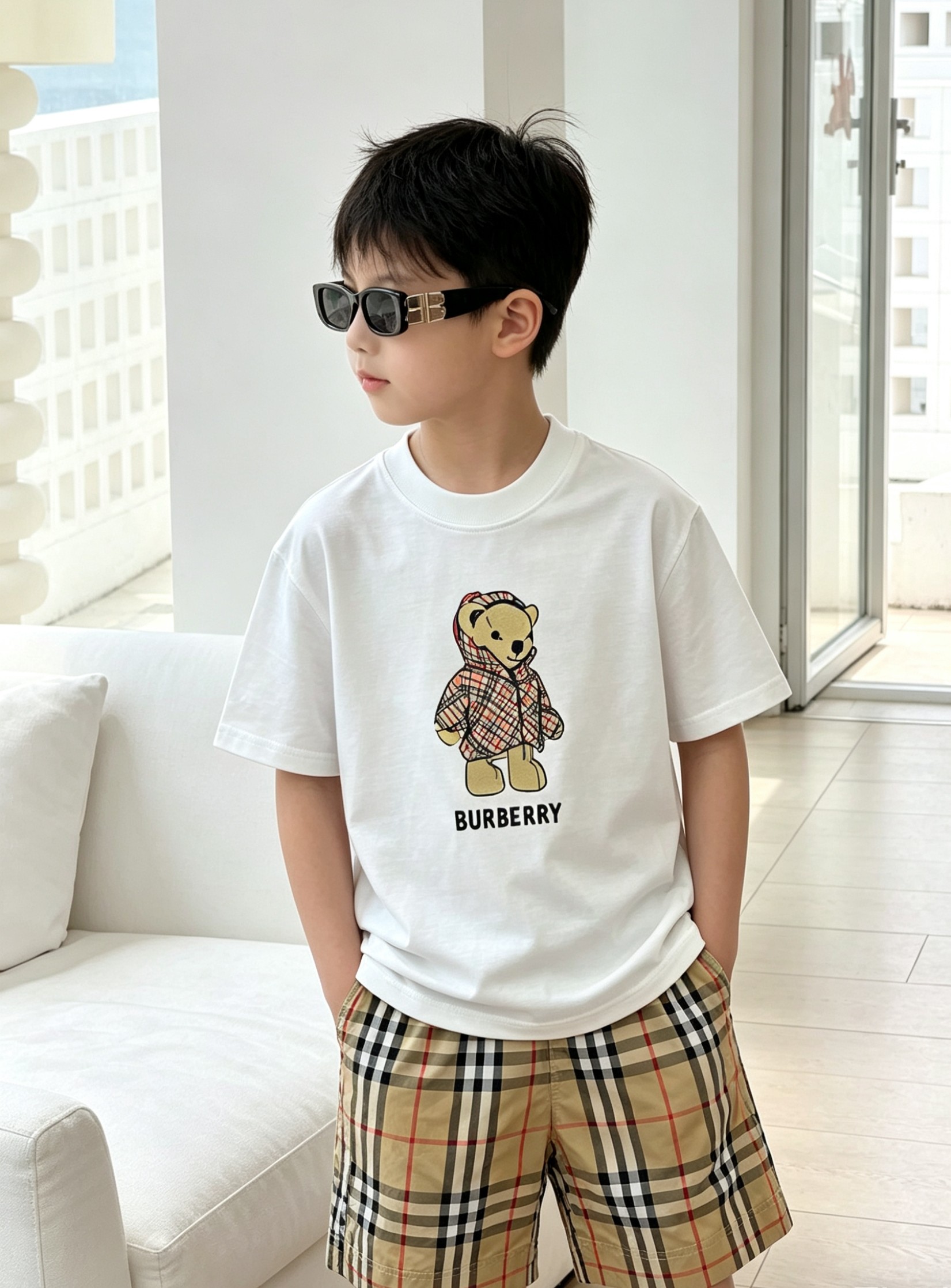 Camiseta de manga corta y pantalones cortos, nuevo, camiseta con estampado de osito BU 🧸, clásico cuadro y osito diver…