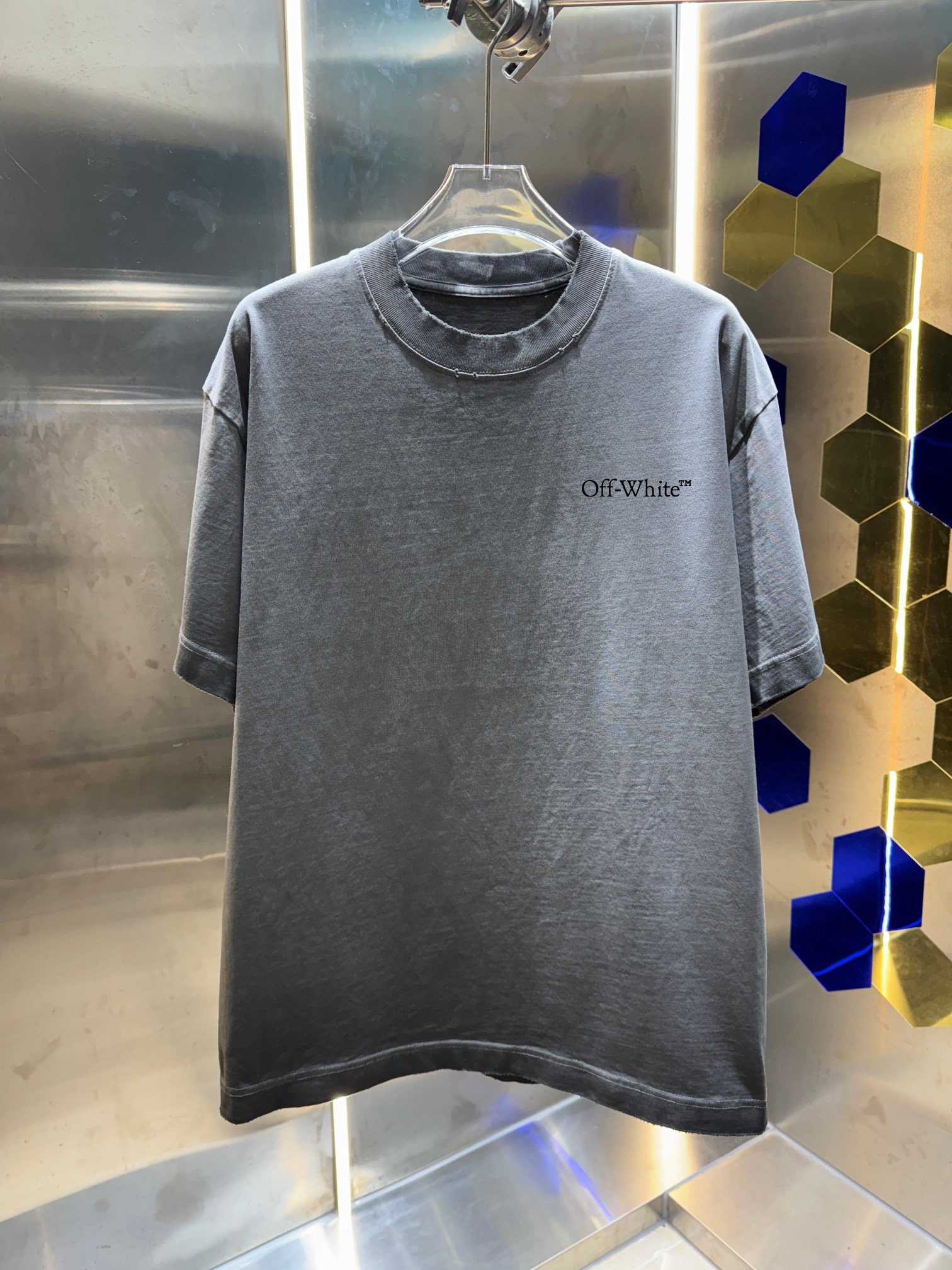 P90 OFF-white/2026 Primavera/Verano nuevo estilo, camiseta de cuello redondo de 320g lavada y desgastada, unisex de cor…