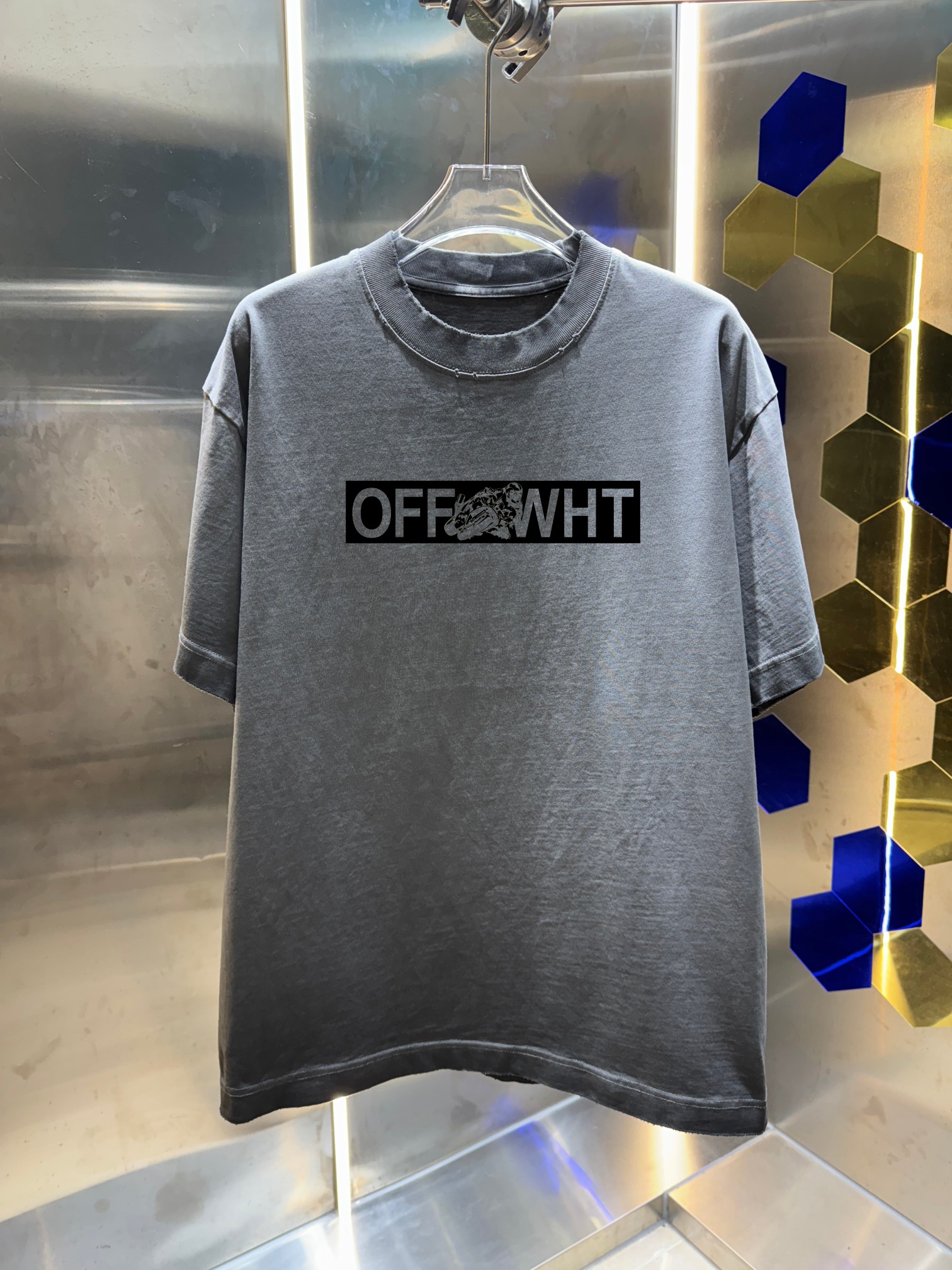 P90 OFF-white/2026 Primavera/Verano nuevo estilo, camiseta de cuello redondo de 320g lavada y desgastada, unisex de cor…