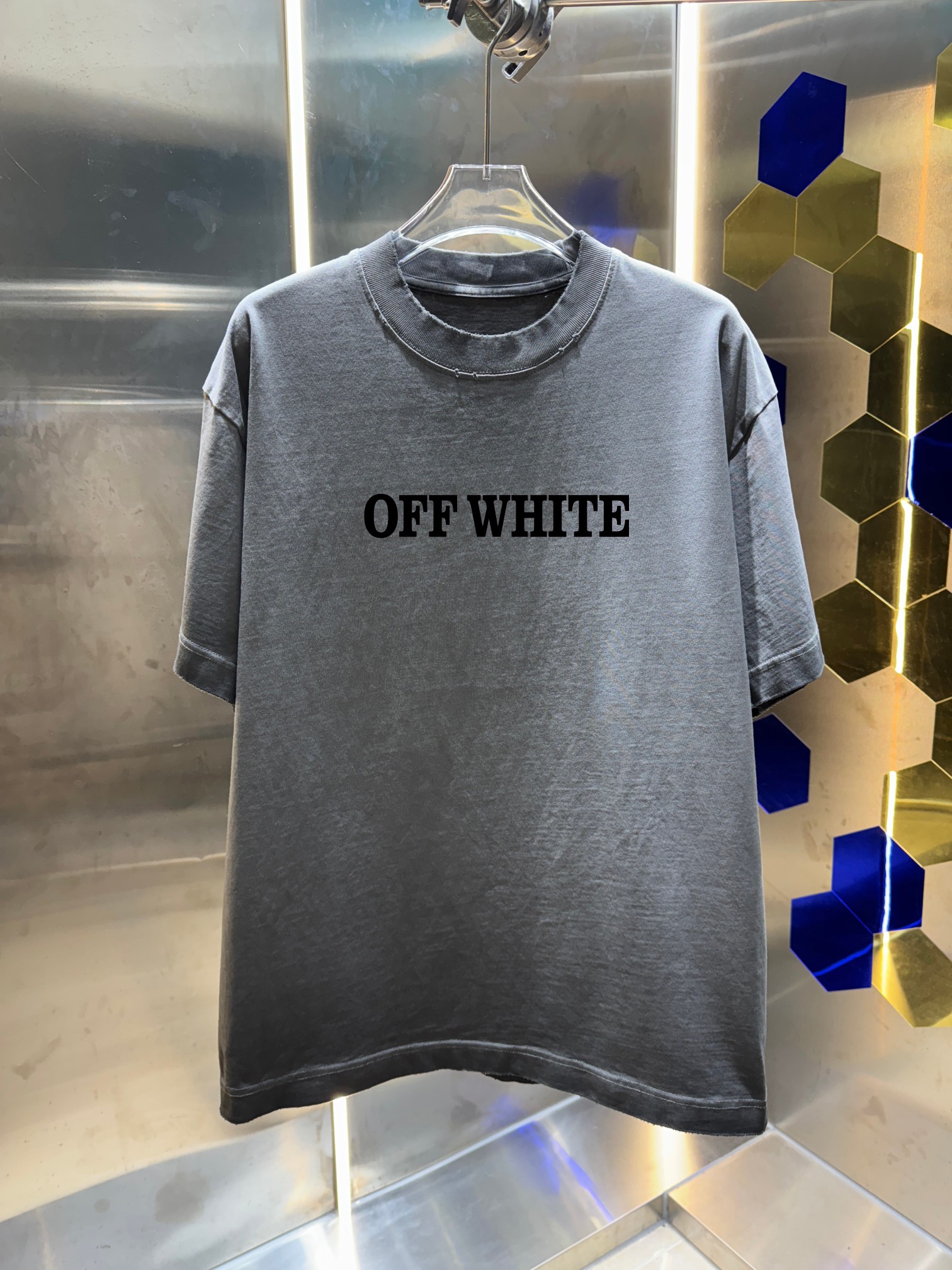 P90 OFF-white/2026 nueva temporada primavera-verano, camiseta de cuello redondo y manga corta de 320g lavada y desgasta…
