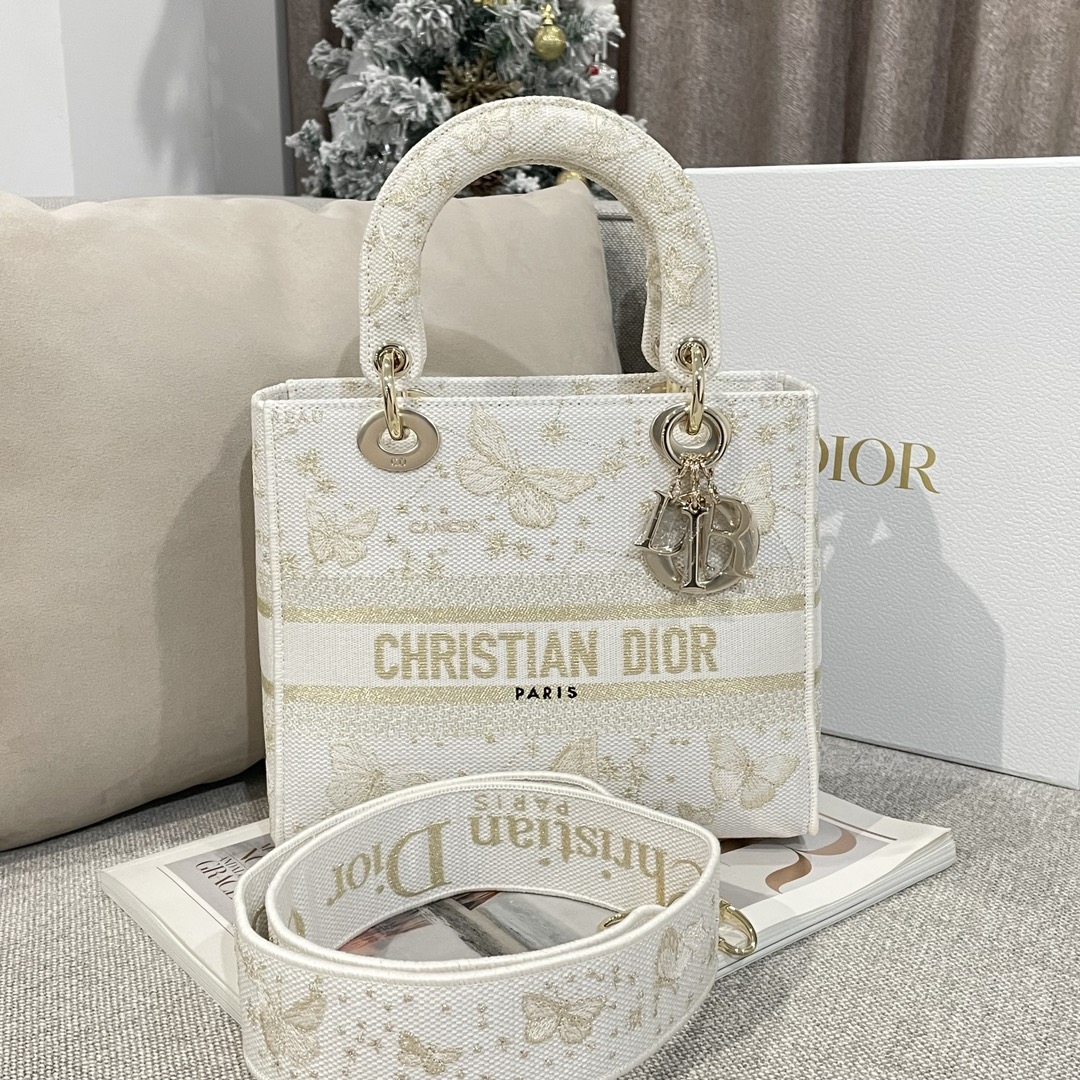 디올 Lady Dior 24cm 화이트 자수 버터플라이 백 레플리카