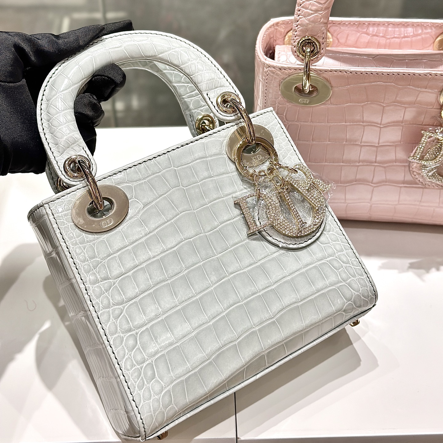 디올 Lady Dior 17cm 그레이 악어가죽 백 레플리카