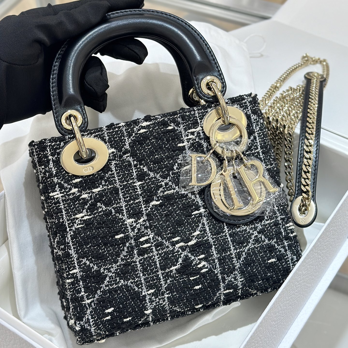 디올 Lady Dior 17cm 블랙 트위드 까나쥬 백 레플리카