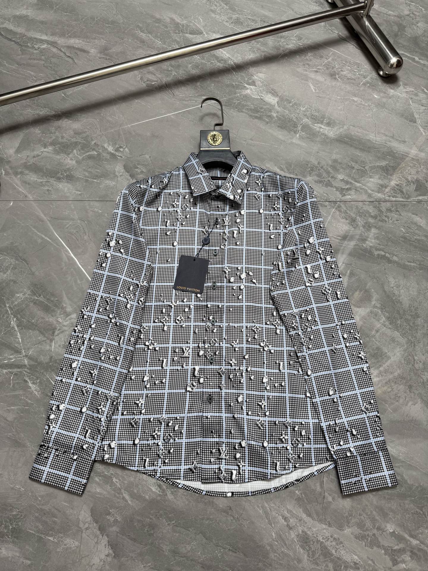 P138 Louis Vuitto*/Louis Vuitton* Camisa de estampado de pata de gallo 3D con gotas de agua, tallas: 38.39.40.41.42
