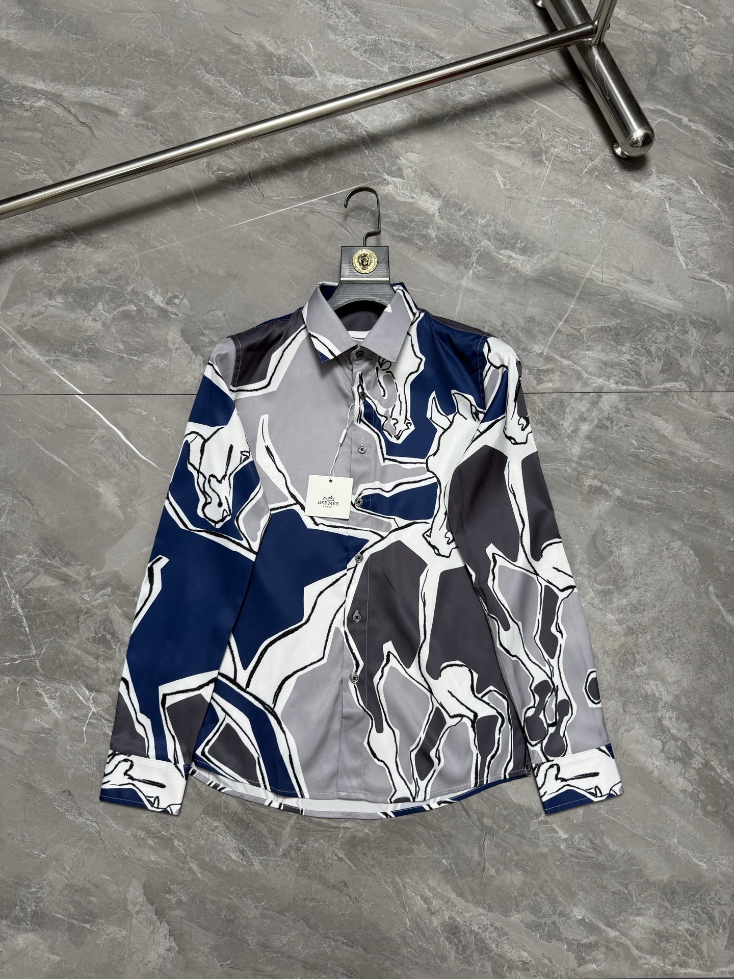 Hermes Navy Gray Abstract Print Shirt