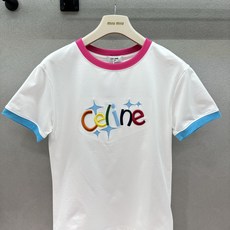 !Celin*e撞色T恤,白T+粉蓝撞色包边也太元气了,瞬间拉满夏日多巴胺氛围,彩色刺绣字母+星星图案, !Celin*e撞色T恤,白T+粉蓝撞色包边也太元气了,瞬间拉满夏日多巴胺氛围,彩色刺绣字母+星星图案,