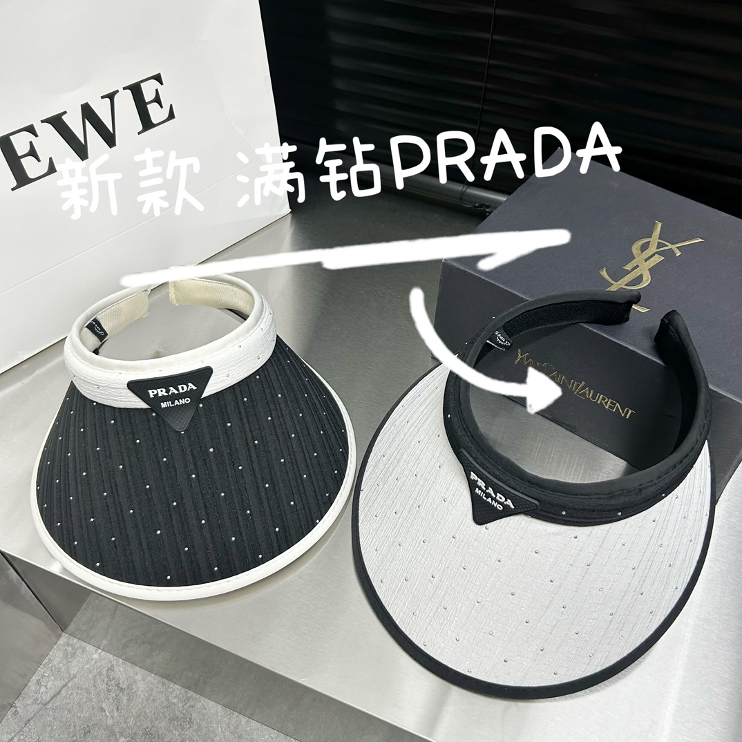 配防尘袋PRADA普拉达2024夏季新款满钻遮阳帽空顶帽轻奢气质款