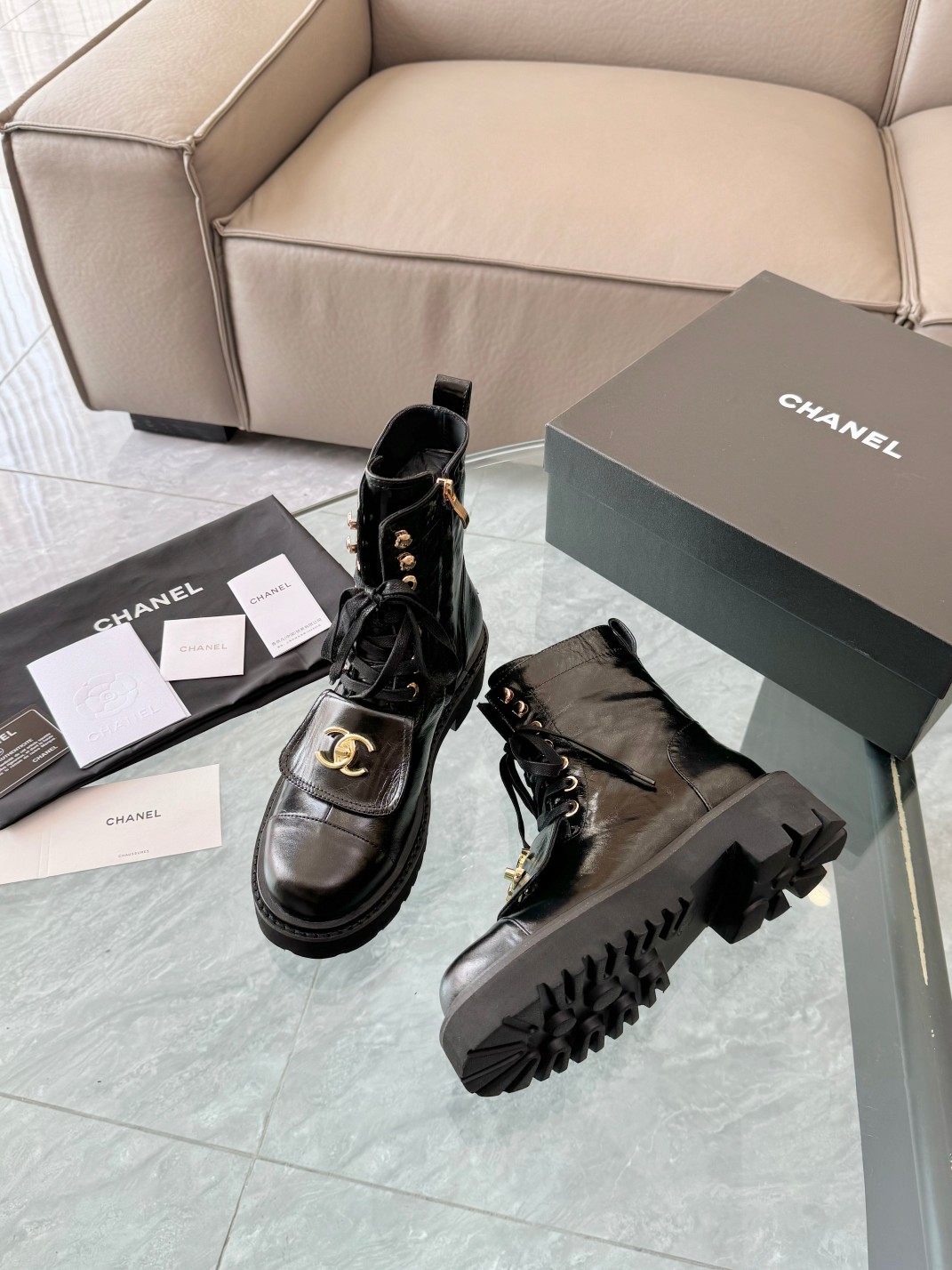 Chanel Women's Black Leather Ankle Boots, Lace-Up, Gold-Tone CC Logo, Size 35-39 5 a1755032217195 0114