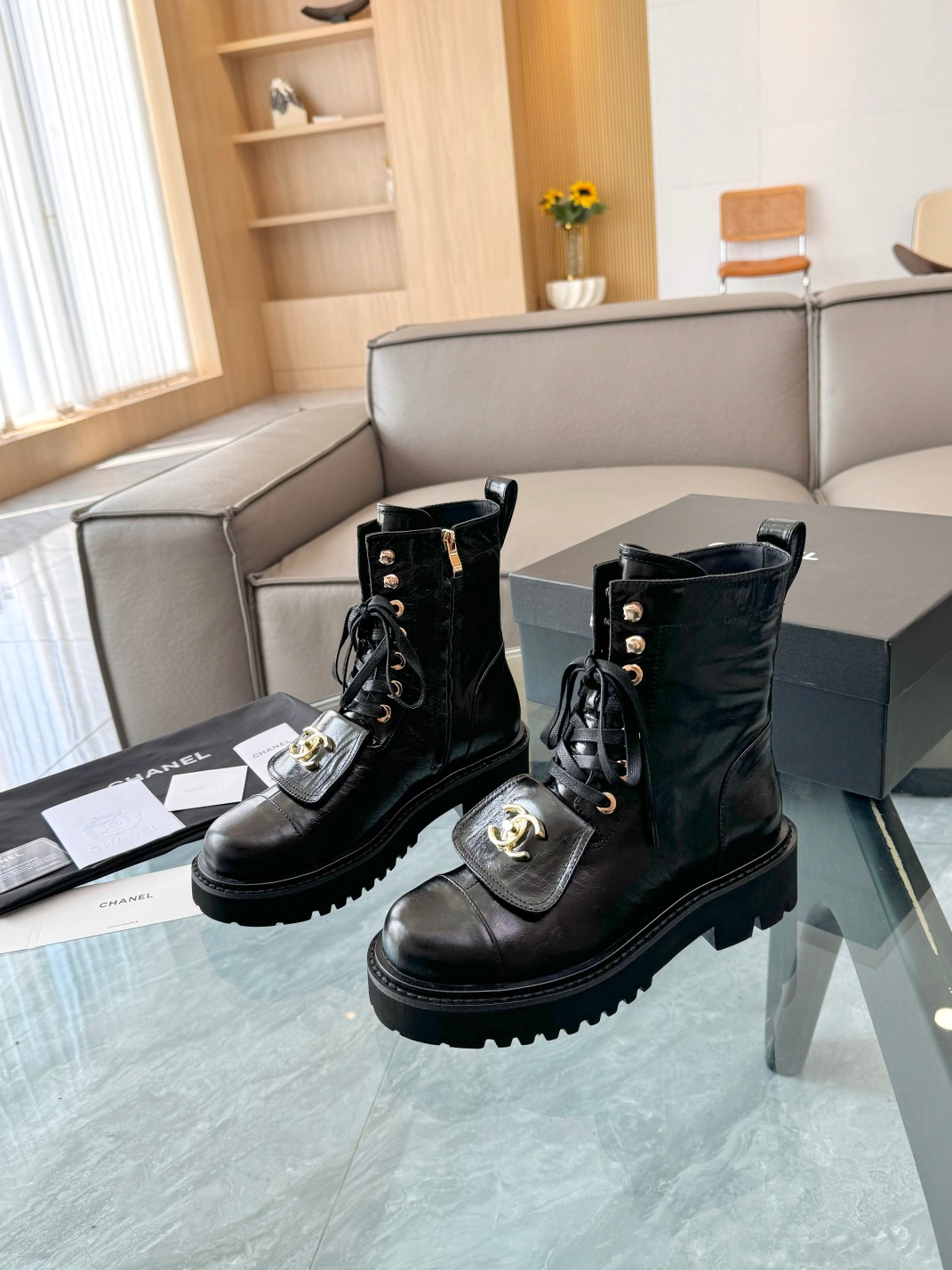 Chanel Women's Black Leather Ankle Boots, Lace-Up, Gold-Tone CC Logo, Size 35-39 4 a1755032217198 3087