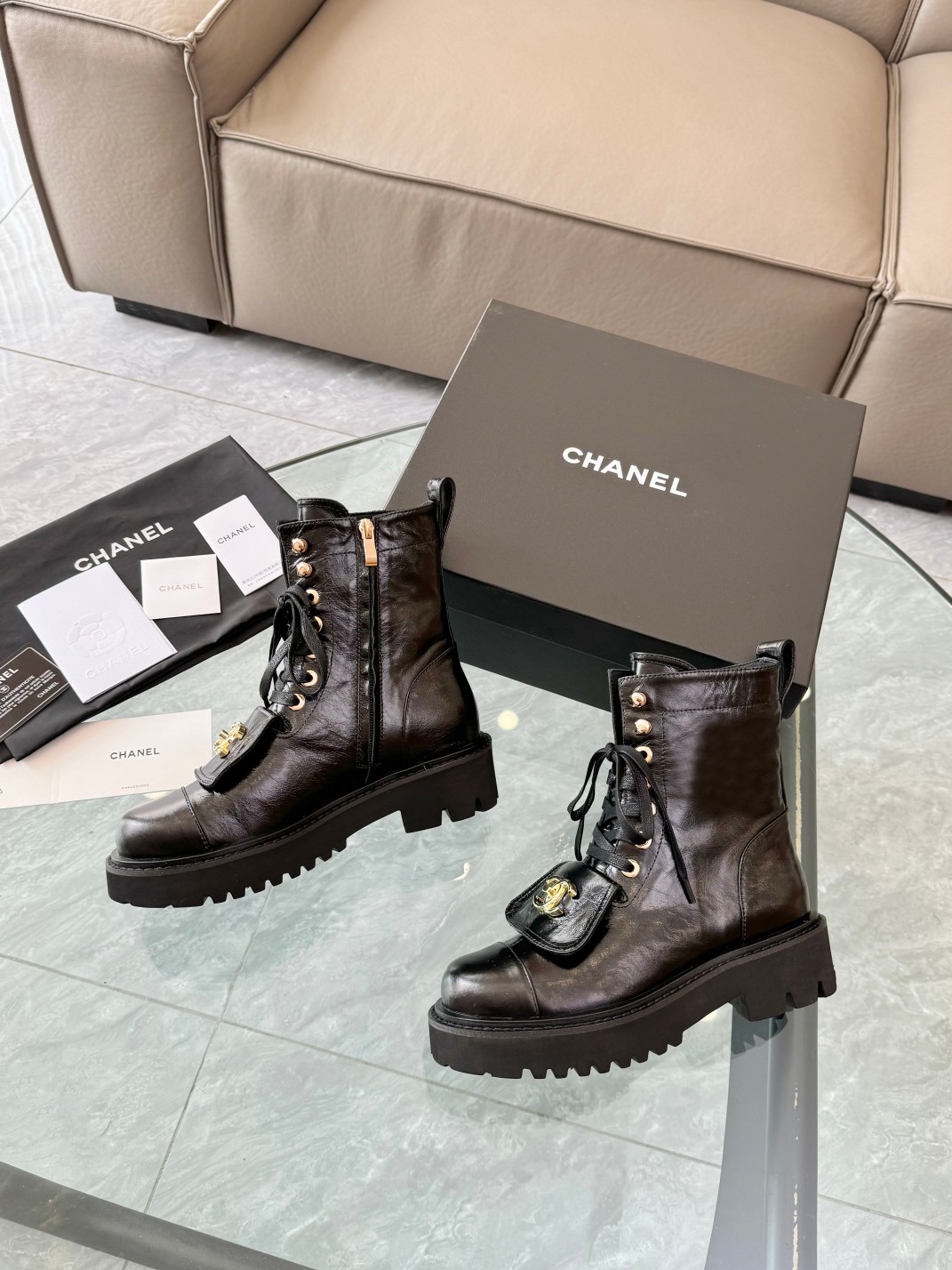 Chanel Women's Black Leather Ankle Boots, Lace-Up, Gold-Tone CC Logo, Size 35-39 6 a1755032217201 5287