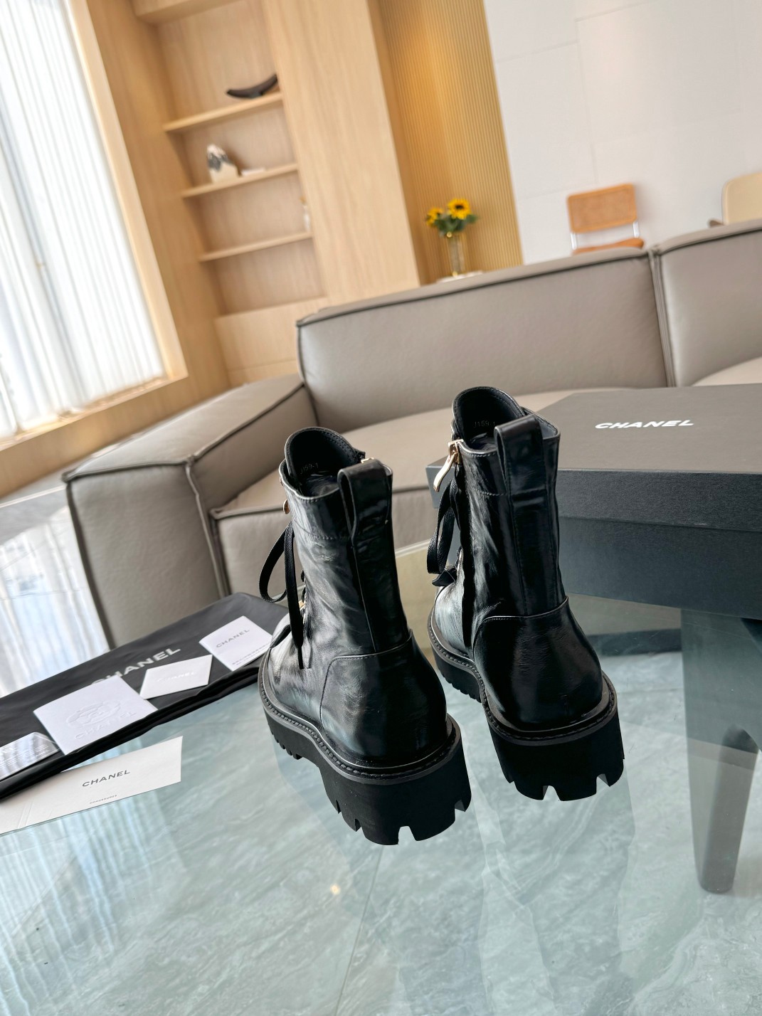 Chanel Women's Black Leather Ankle Boots, Lace-Up, Gold-Tone CC Logo, Size 35-39 7 a1755032220708 4634