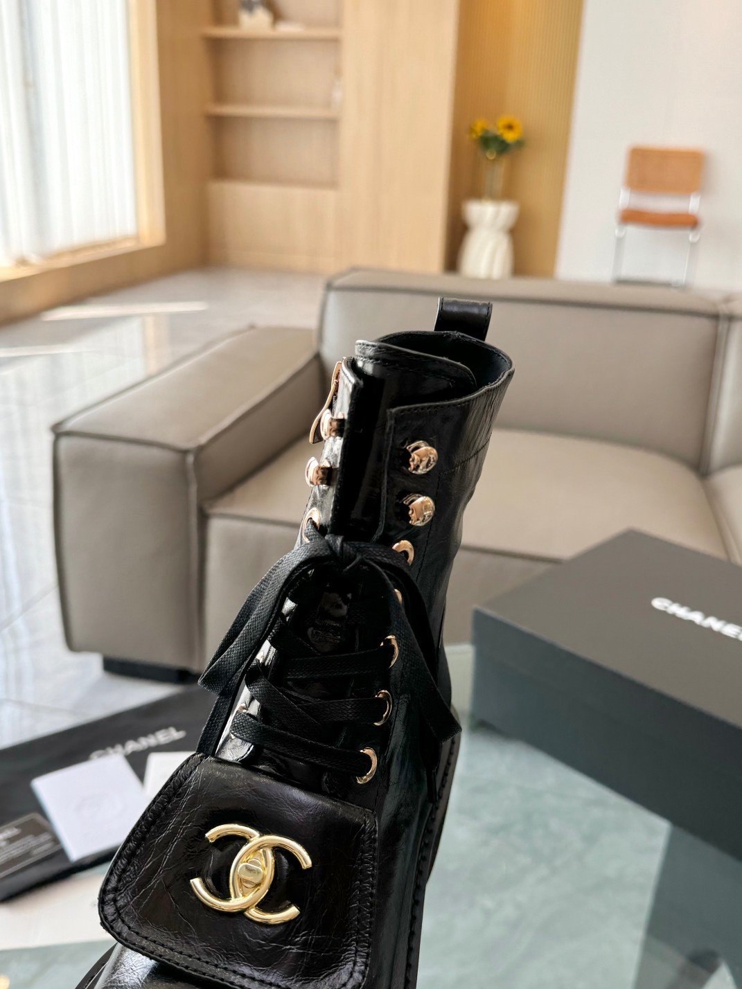 Chanel Women's Black Leather Ankle Boots, Lace-Up, Gold-Tone CC Logo, Size 35-39 10 a1755032220713 4448