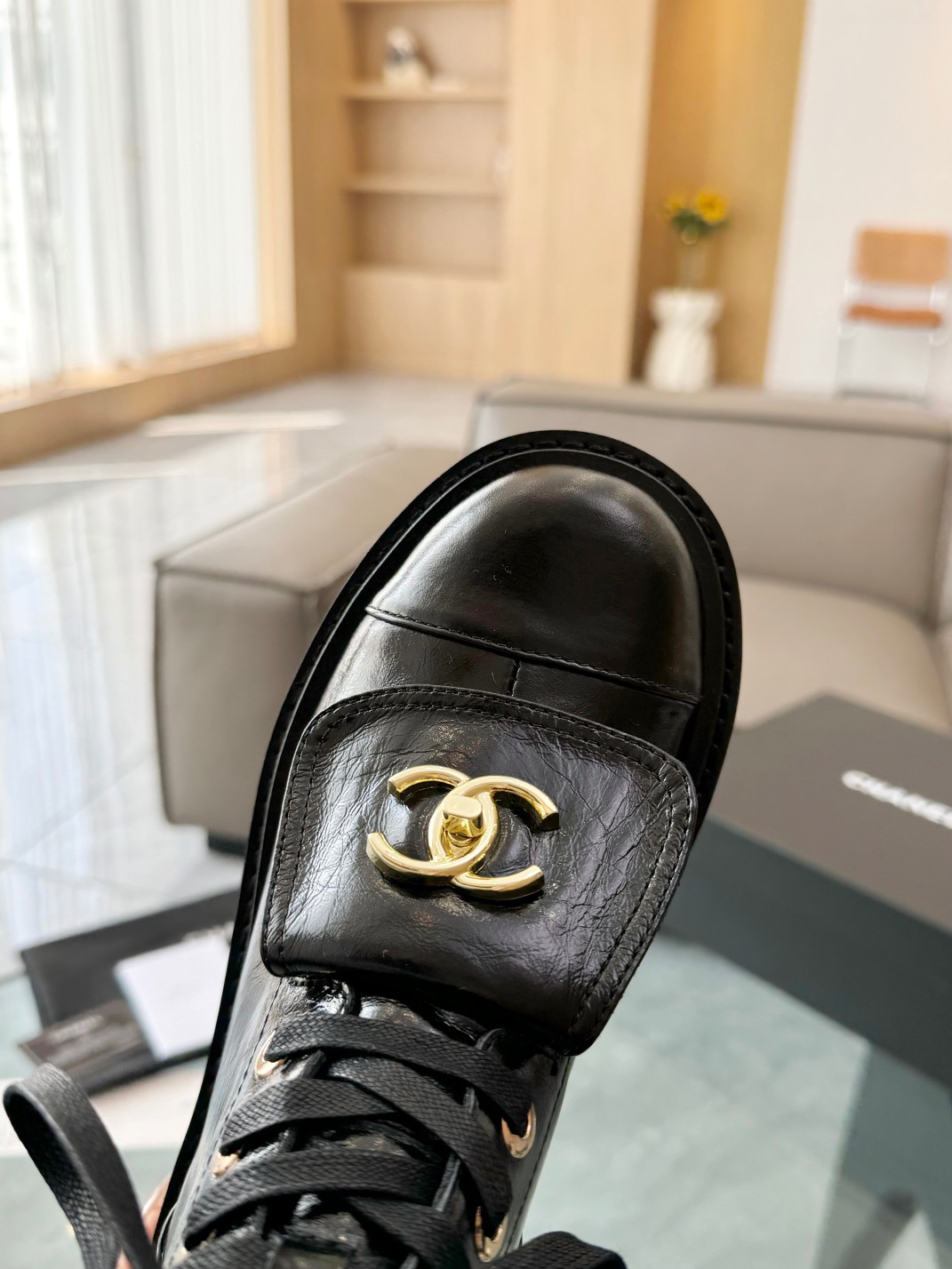 Chanel Women's Black Leather Ankle Boots, Lace-Up, Gold-Tone CC Logo, Size 35-39 8 a1755032220718 0251