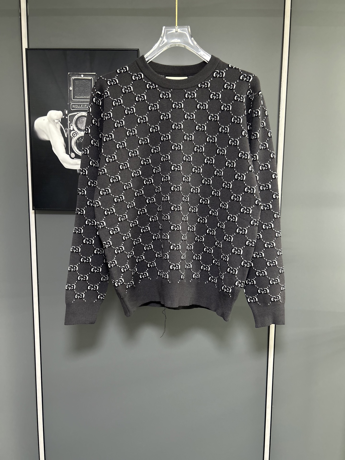 Gucci Grey Knitwear All-Over GG Logo Sweater Wool Blend Long Sleeve Pullover