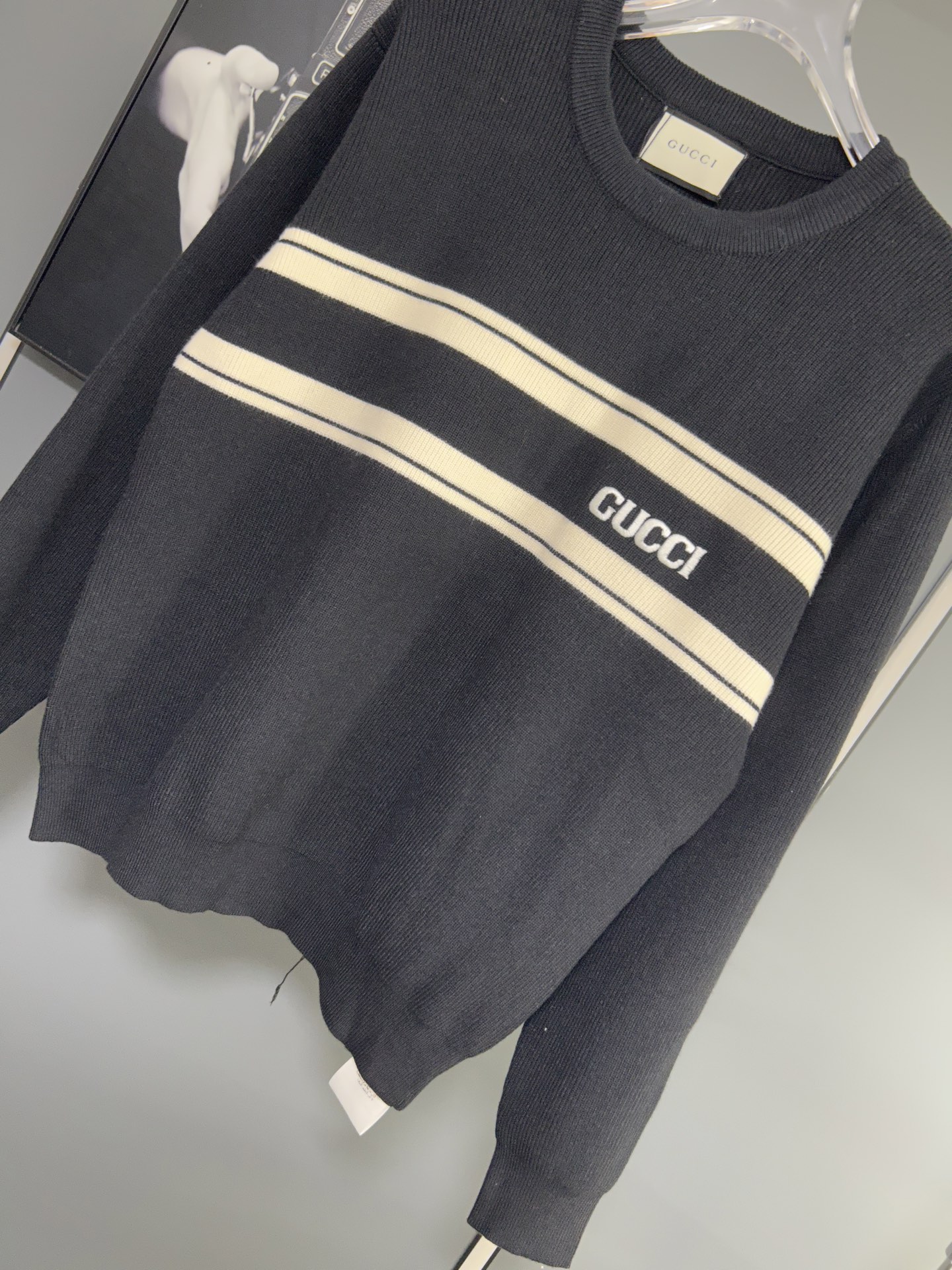 Gucci Black Knit Sweater with Stripe and Logo, Comfortable Knitwear 8 i1756482020782 4713 0 7