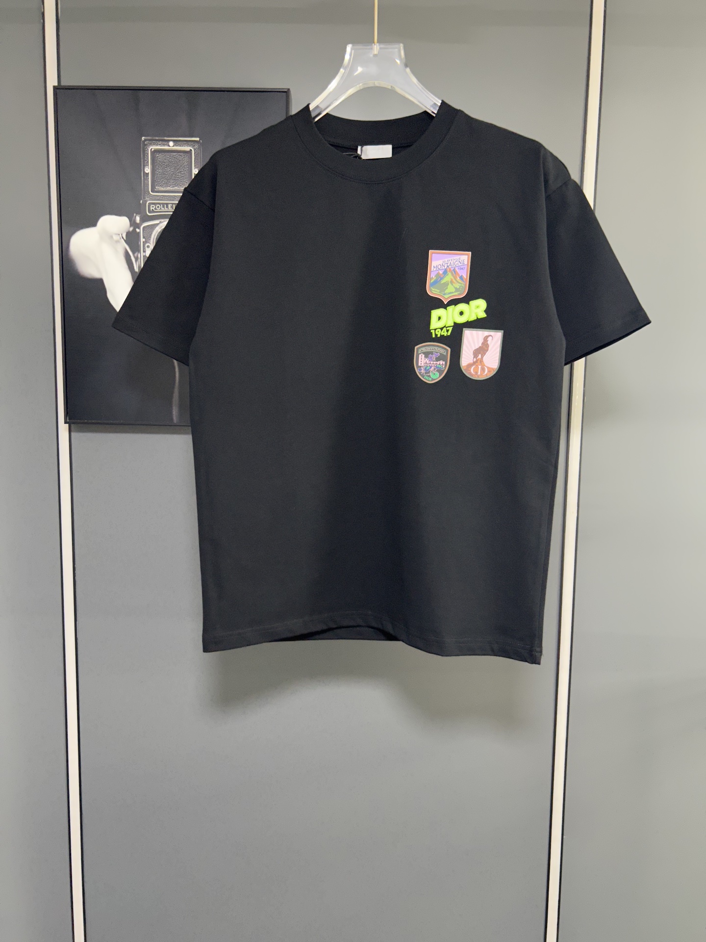P90 DIOR / Dior camiseta de manga corta con cuello redondo de 320 g de alta calidad marca clásica verde 1947 insignia C…
