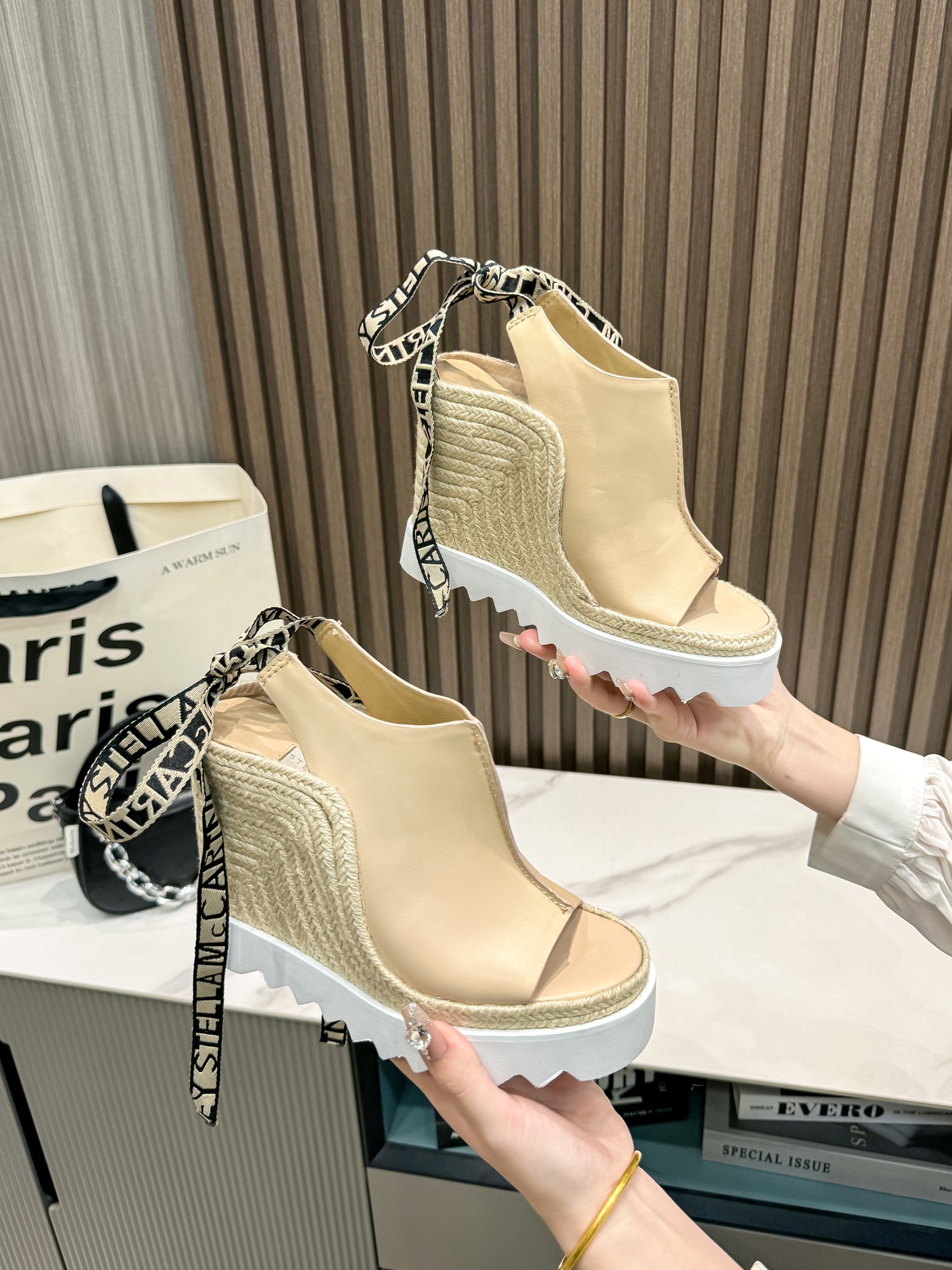 Stella McCartney Espadrille Wedge Sandals with Ribbon Tie in Beige Leather 1 Stella McCartney Espadrille Wedge Sandals with Ribbon Tie in Beige Leather